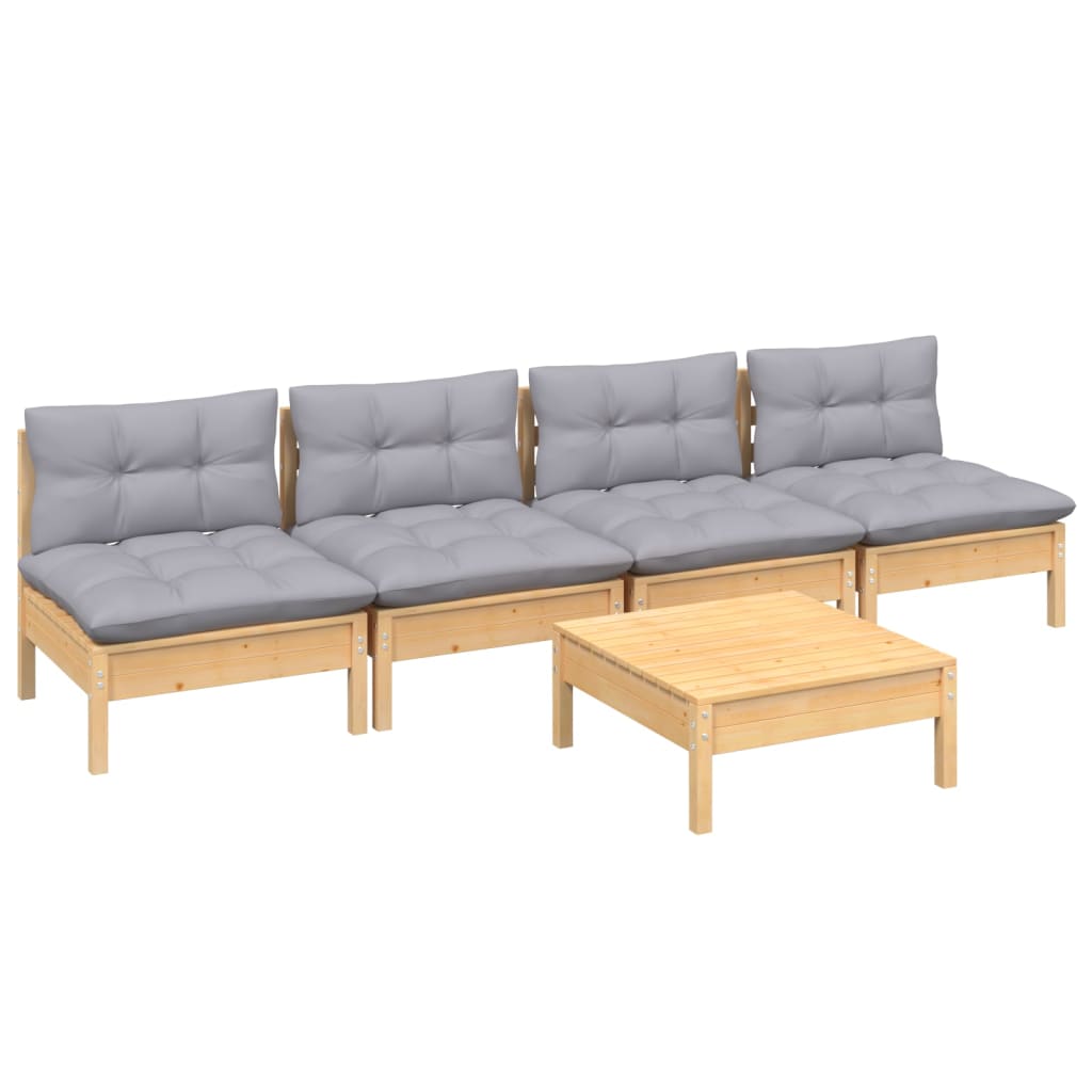 5 Pcs conjunto lounge de jardim c/ almofadões cinzentos pinho