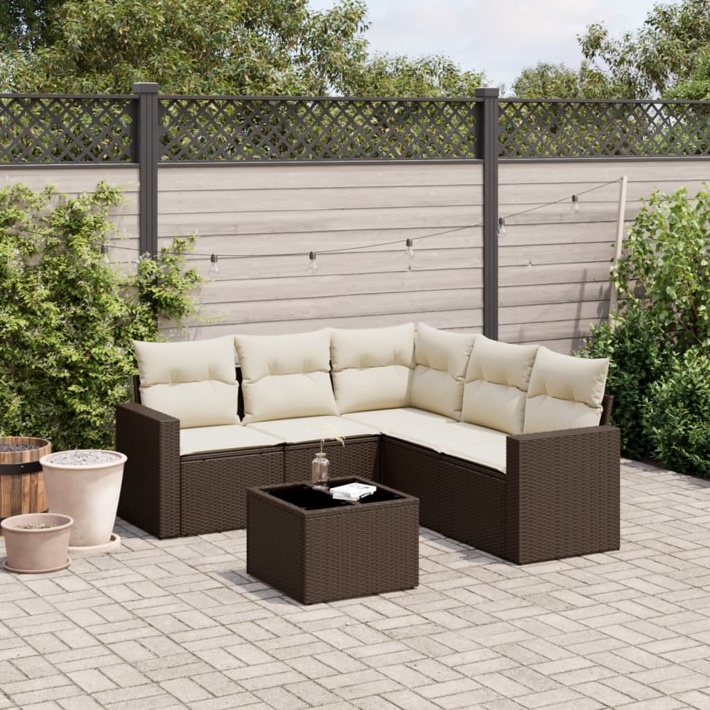 6 Pcs conjunto de sofás jardim c/ almofadões vime PE castanho
