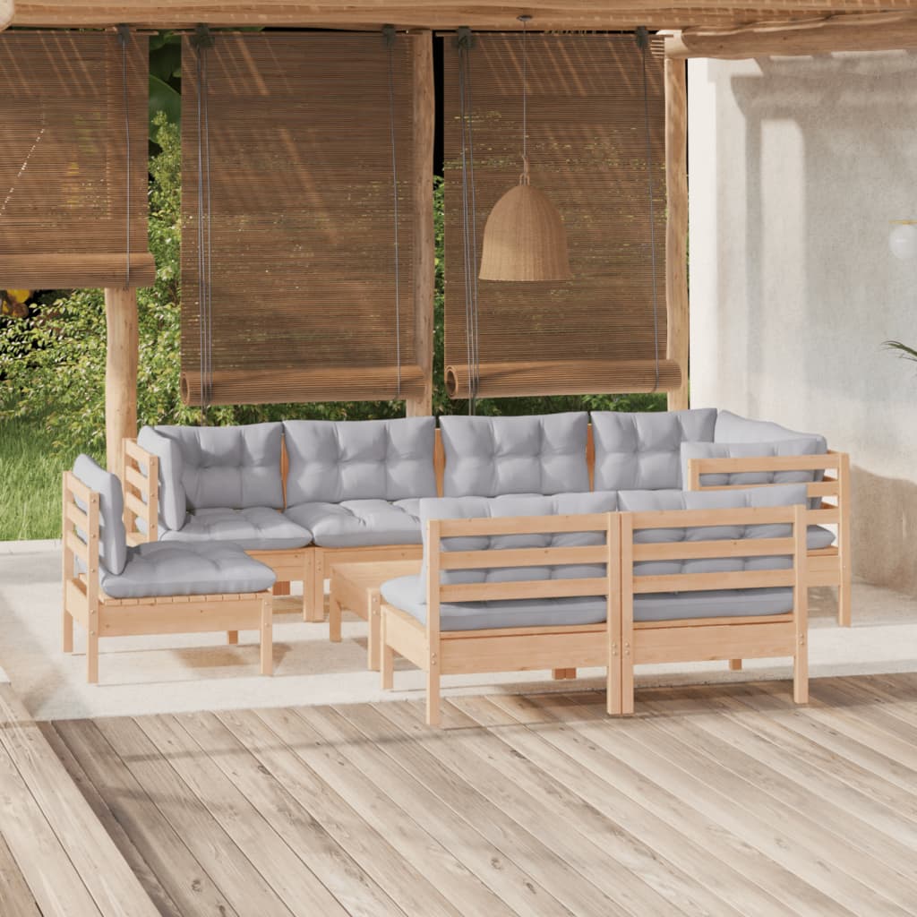9 Pcs conjunto lounge de jardim + almofadões cinza pinho maciço