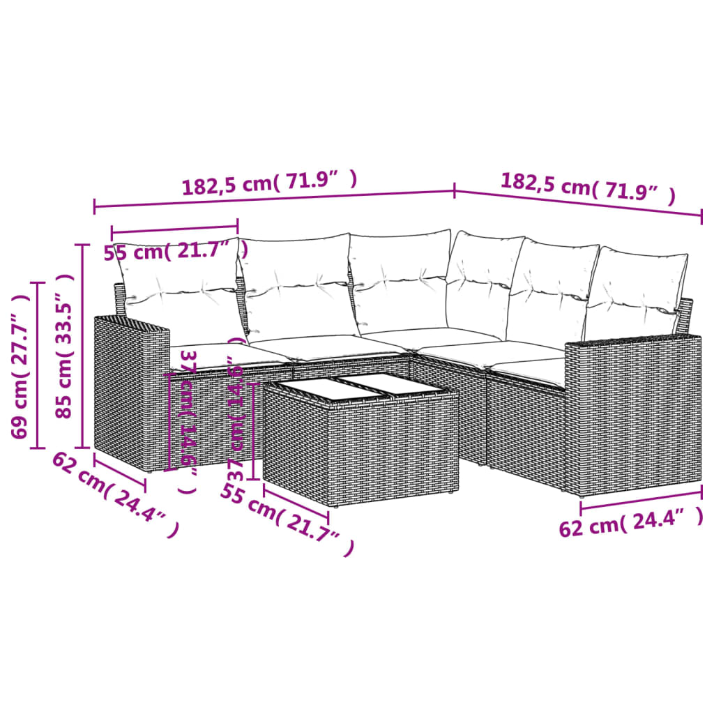 6 Pcs conjunto de sofás p/ jardim com almofadões vime PE bege
