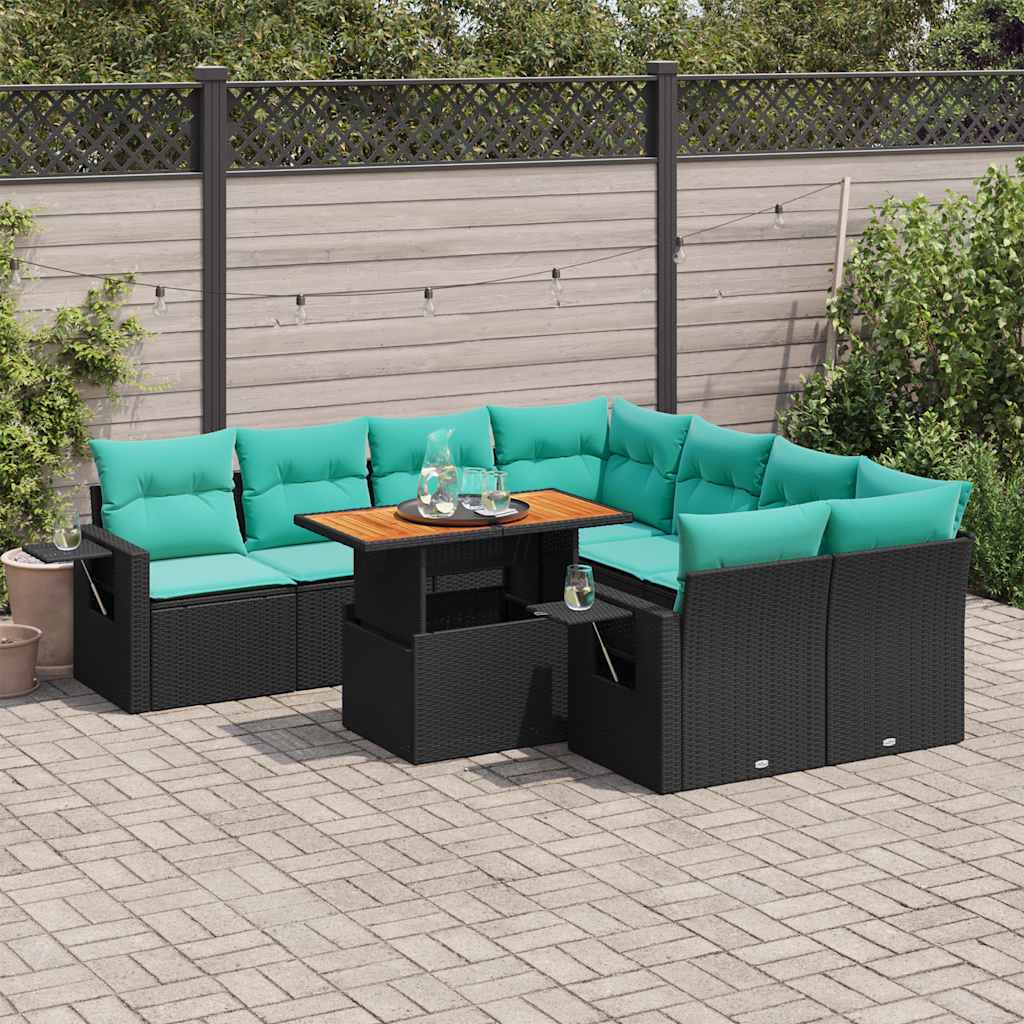 9 Pcs conjunto de sofás p/ jardim c/ almofadões vime PE preto