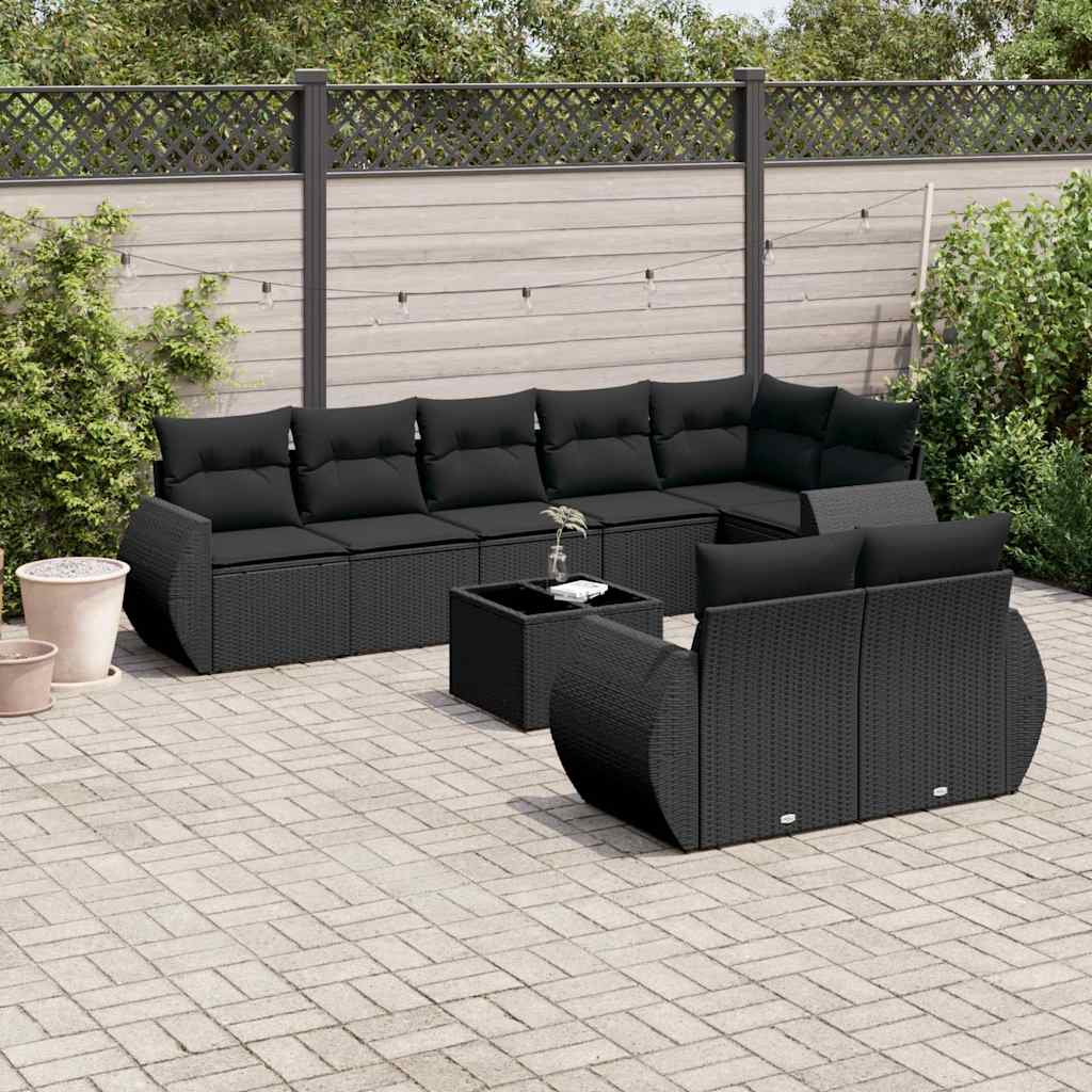 9 Pcs conjunto de sofás p/ jardim c/ almofadões vime PE preto
