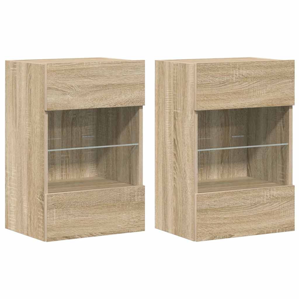 Armários de parede com luzes LED para TV 2 pcs carvalho sonoma