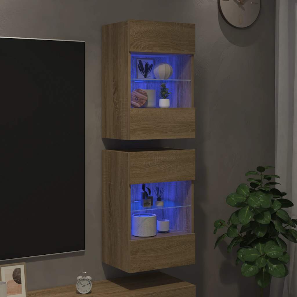 Armários de parede com luzes LED para TV 2 pcs carvalho sonoma