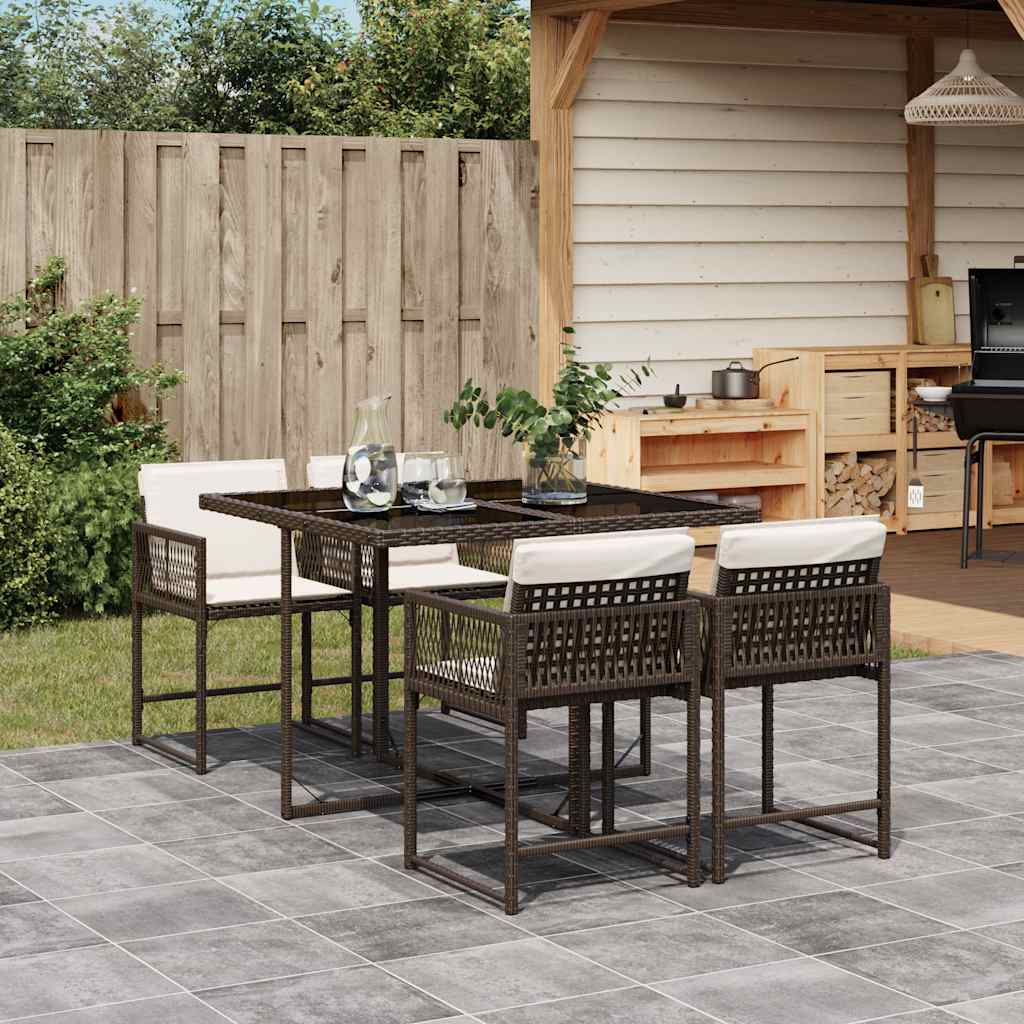 5 Pcs conjunto jantar p/ jardim c/ almofadões vime PE castanho