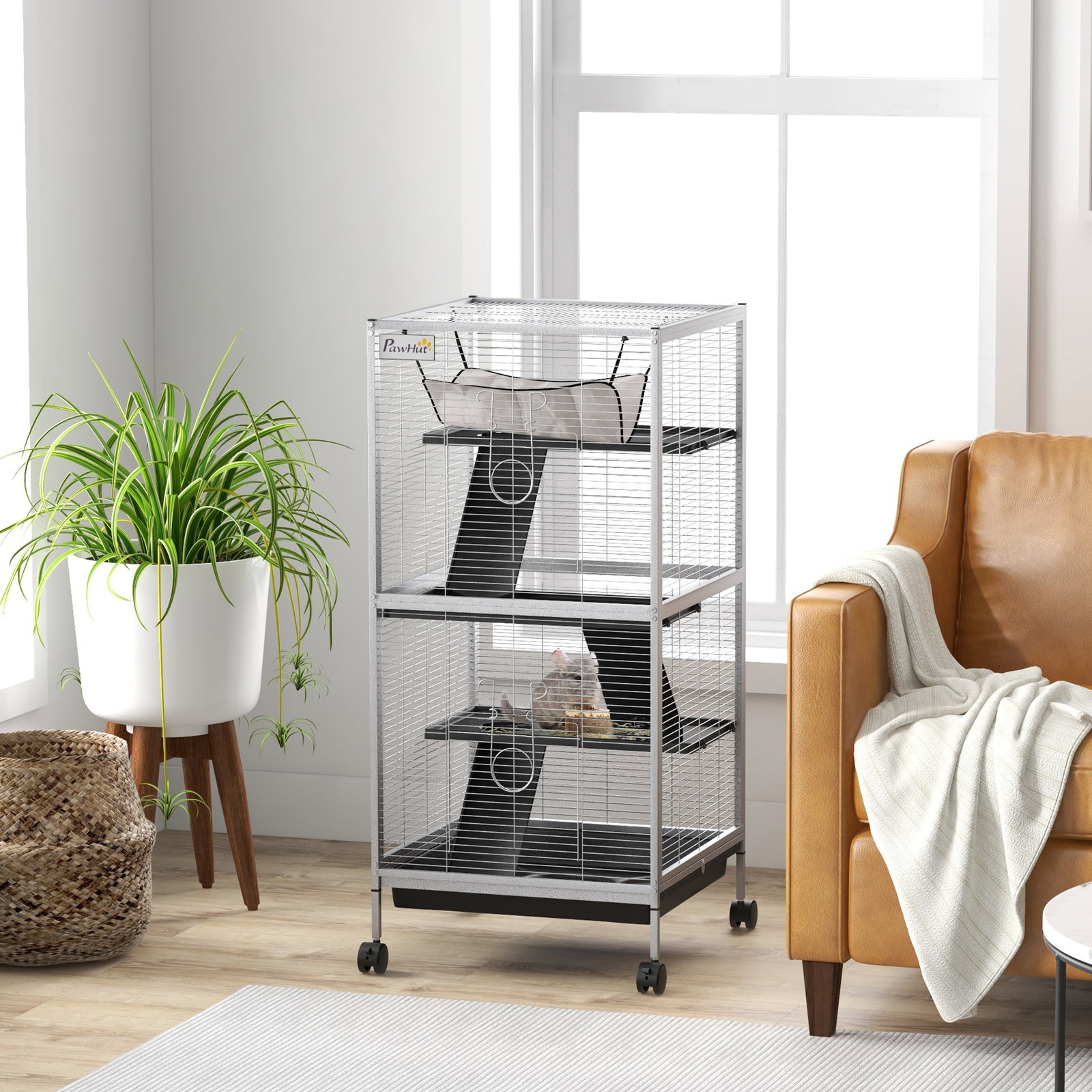 Gaiola para roedores 52x52x113,5 cm gaiola para furões com rodas 2 portas 3 rampas rede suspensa e bandeja removível branco