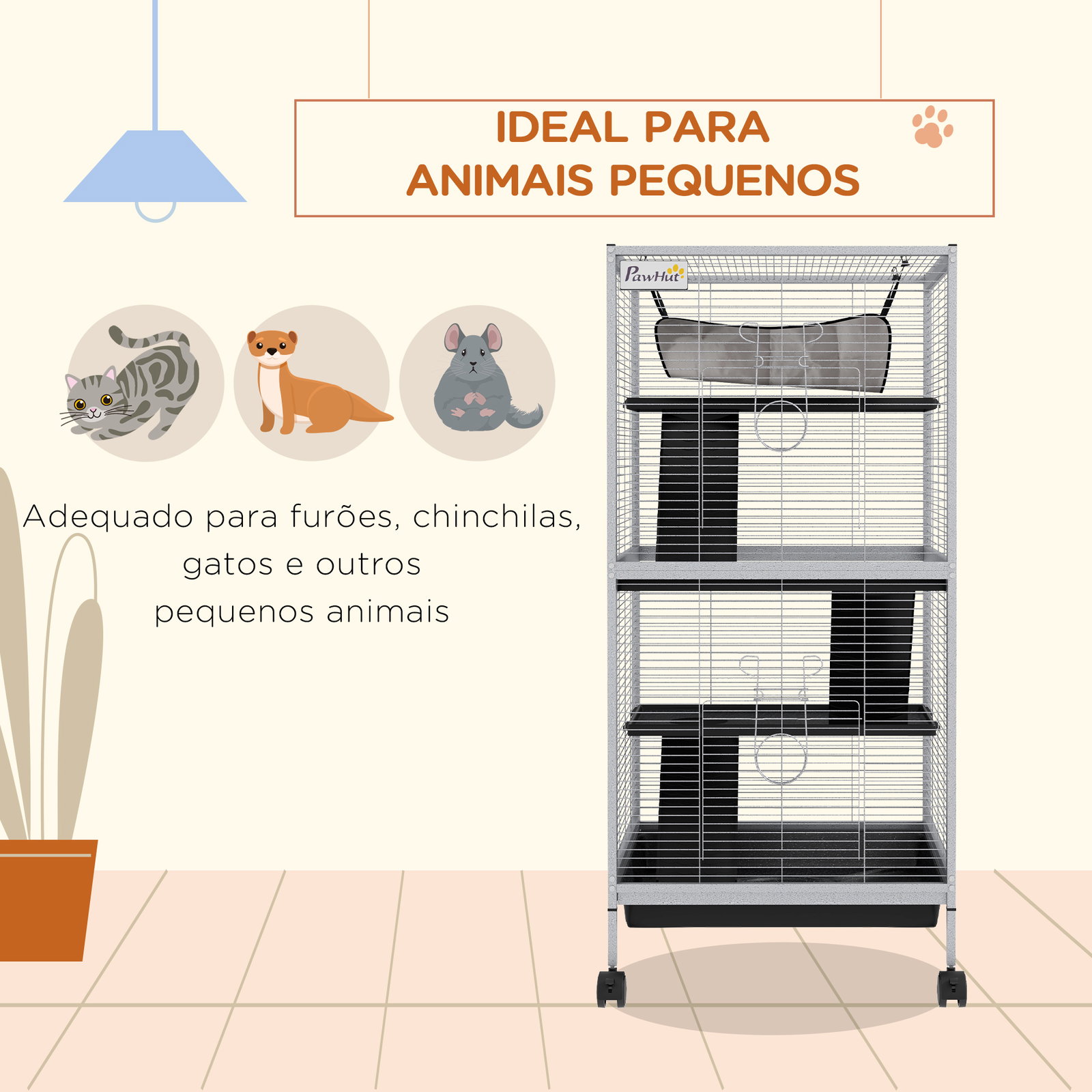 Gaiola para roedores 52x52x113,5 cm gaiola para furões com rodas 2 portas 3 rampas rede suspensa e bandeja removível branco