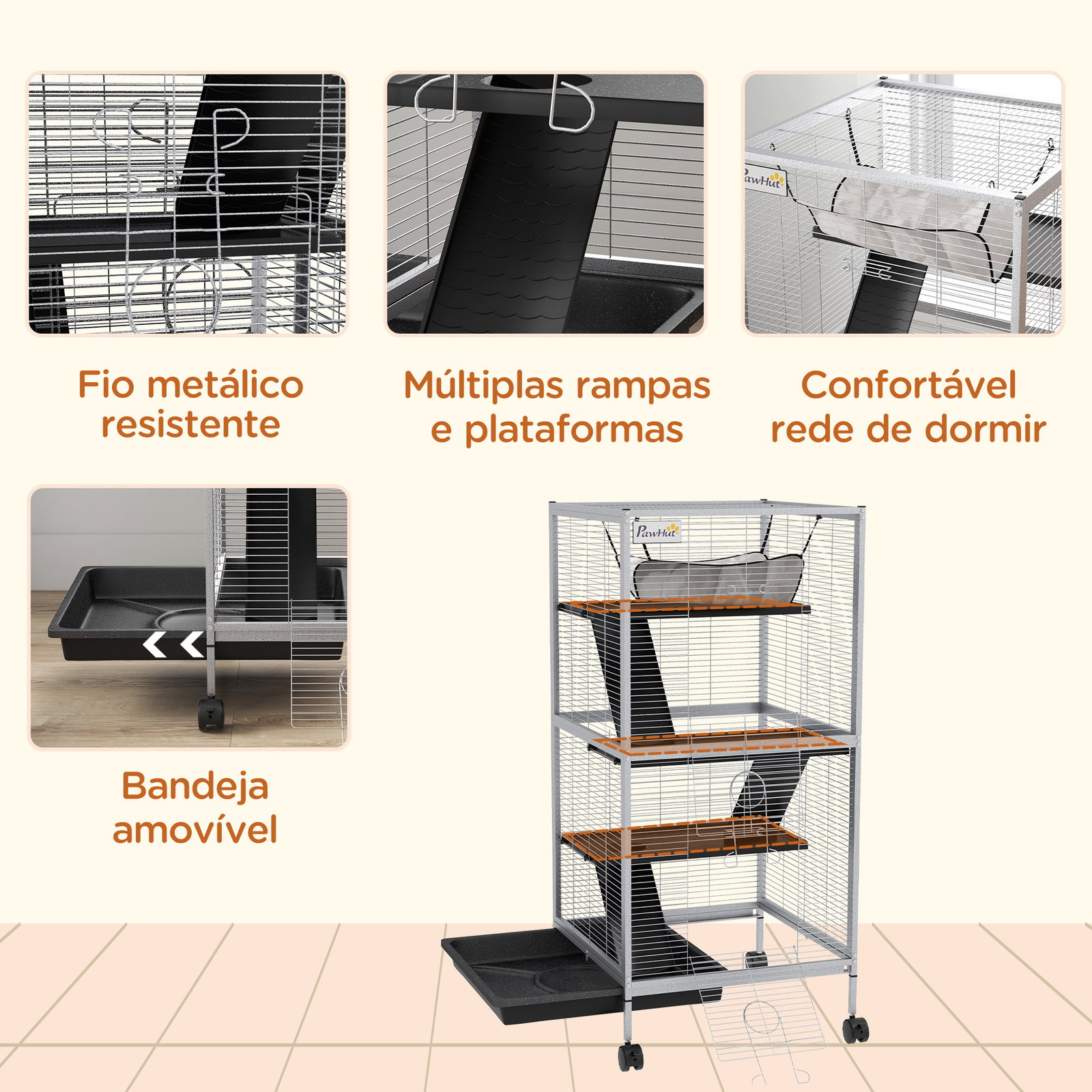 Gaiola para roedores 52x52x113,5 cm gaiola para furões com rodas 2 portas 3 rampas rede suspensa e bandeja removível branco