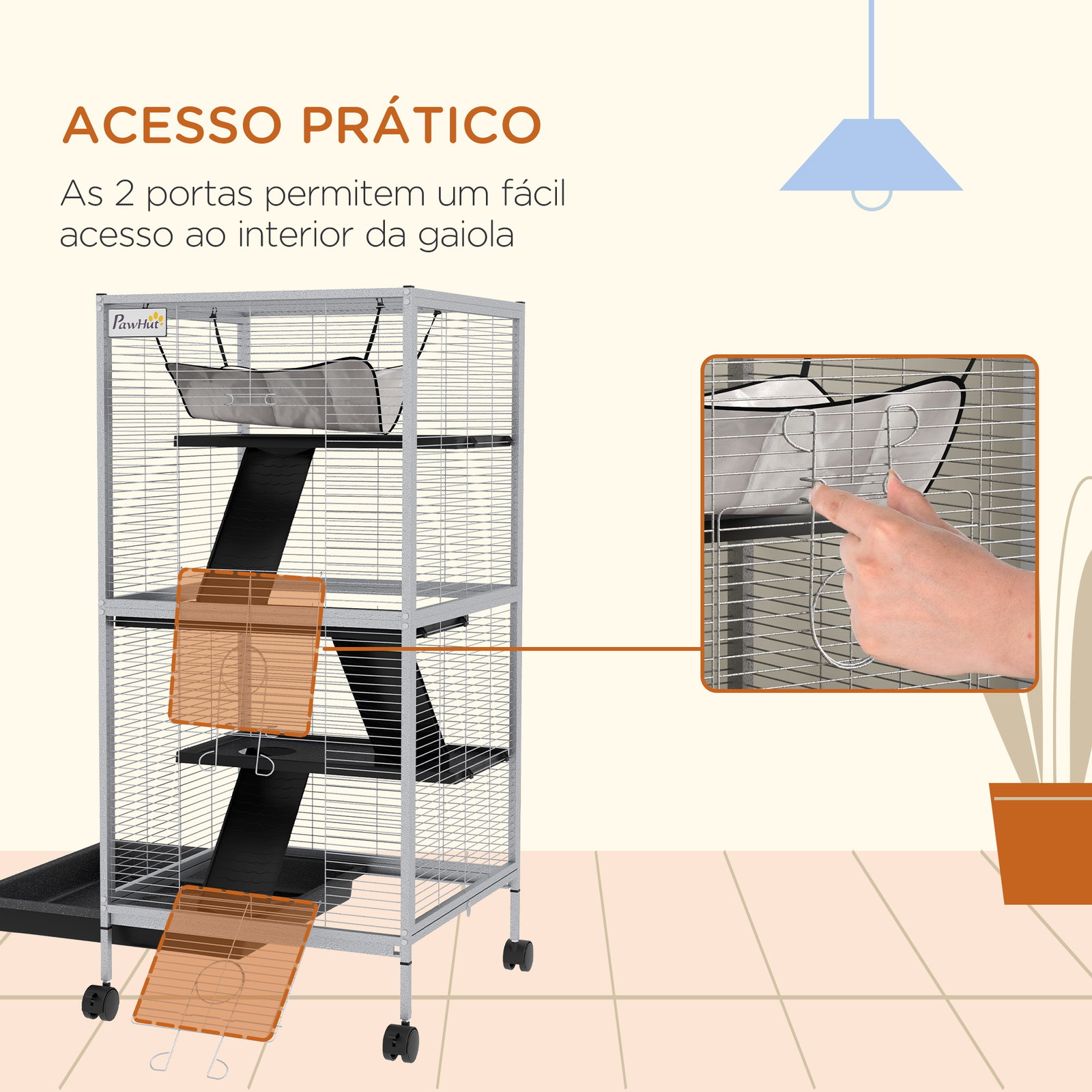 Gaiola para roedores 52x52x113,5 cm gaiola para furões com rodas 2 portas 3 rampas rede suspensa e bandeja removível branco