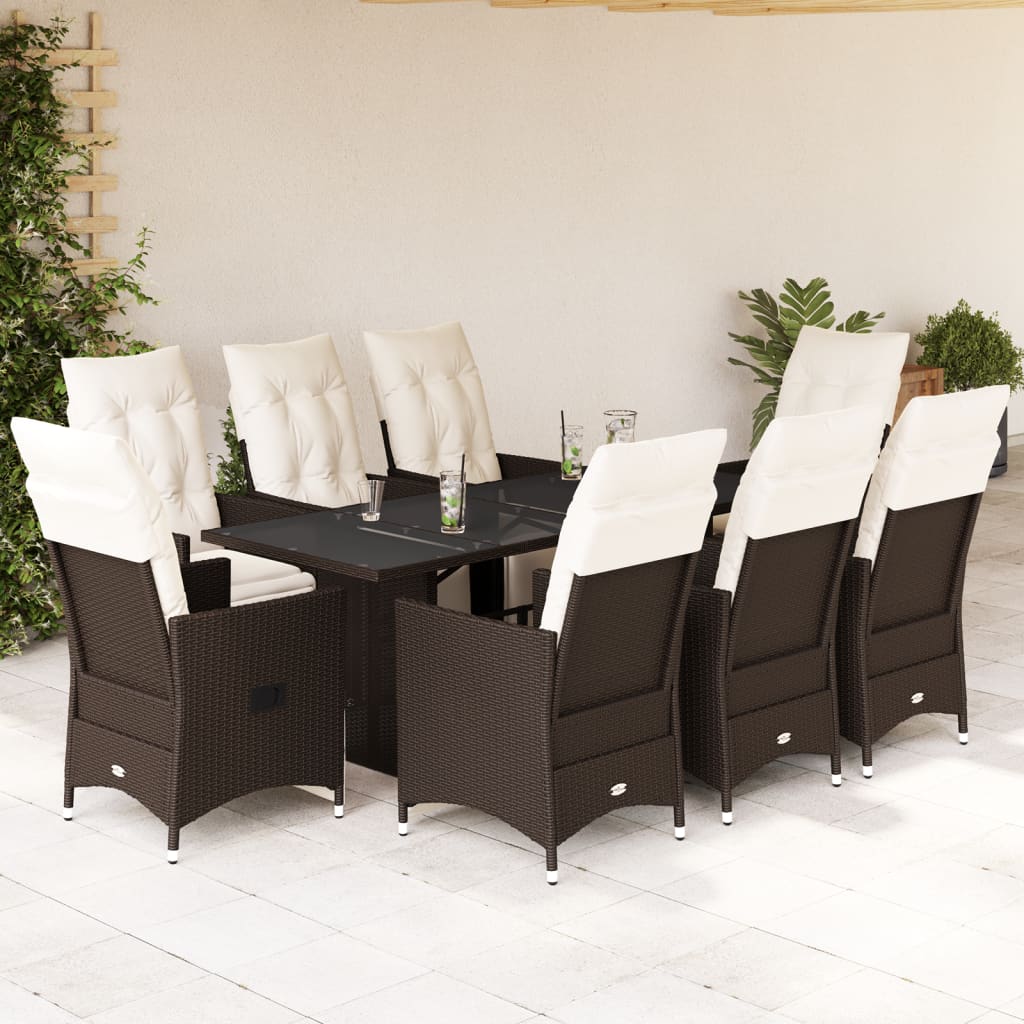 9 Pcs conjunto bistrô de jardim c/ almofadões vime PE castanho