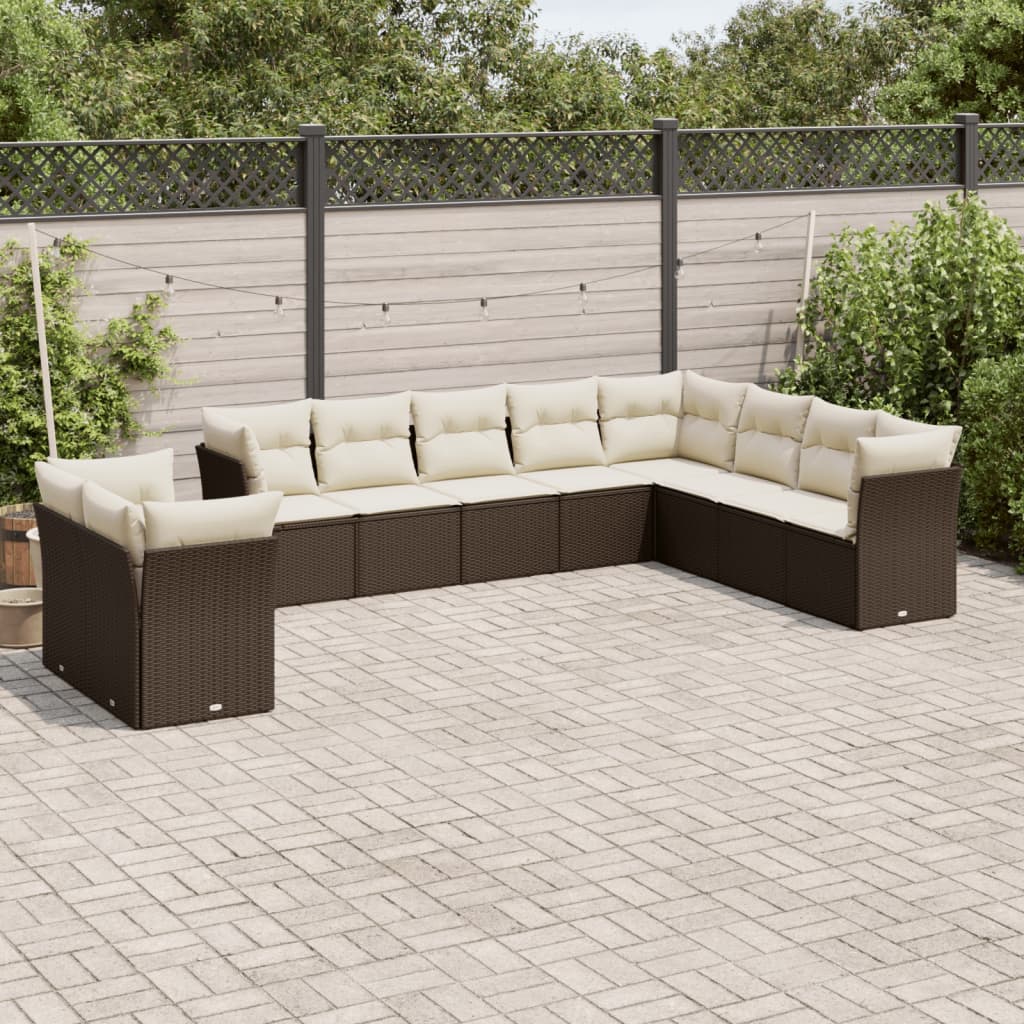 10 Pcs conj. sofás jardim com almofadões vime PE castanho