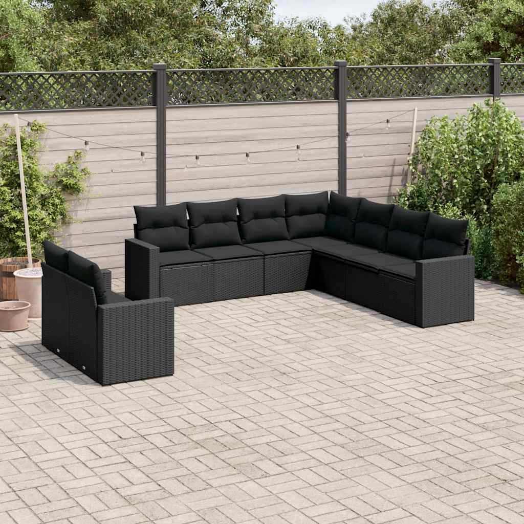 9 Pcs conjunto de sofás p/ jardim c/ almofadões vime PE preto