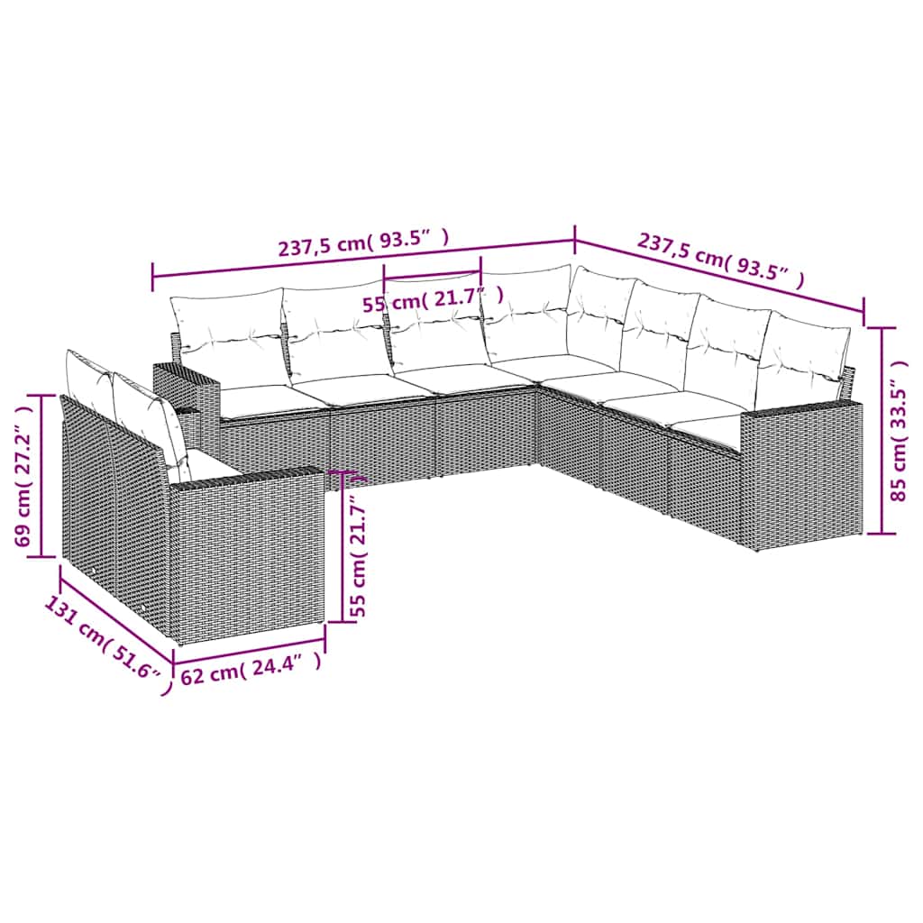 9 Pcs conjunto de sofás p/ jardim c/ almofadões vime PE preto