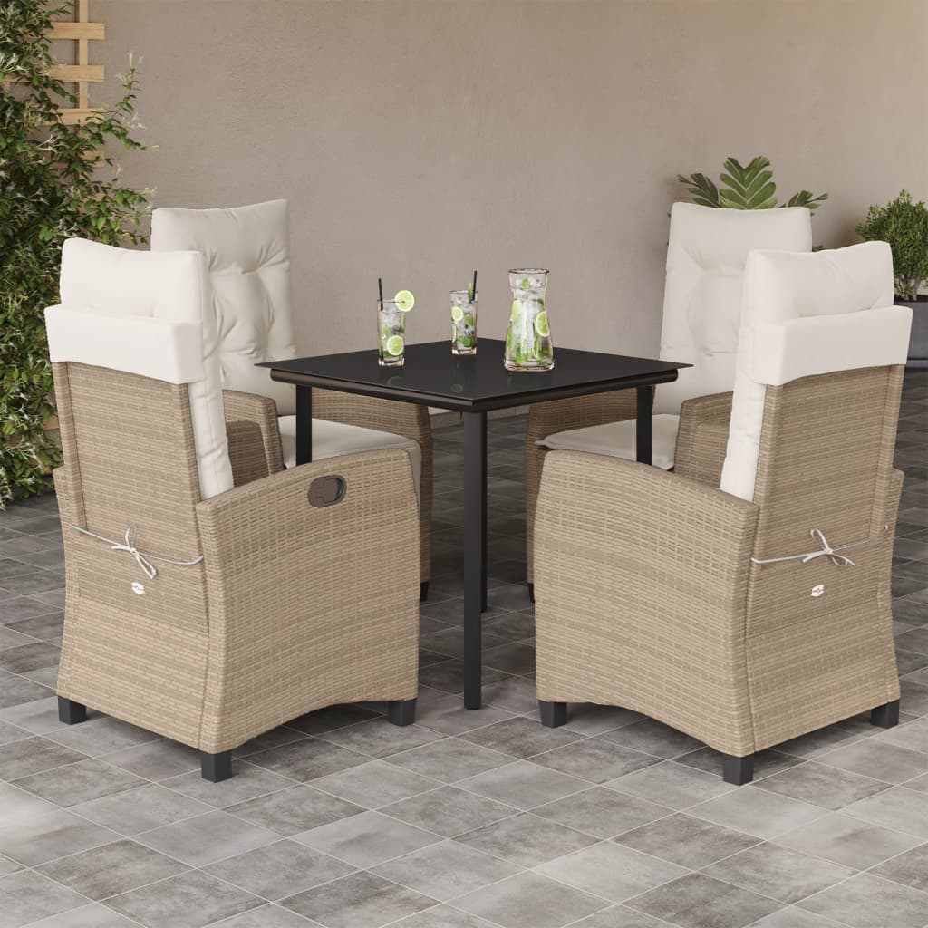 5 Pcs conjunto de jantar p/ jardim com almofadões vime PE bege