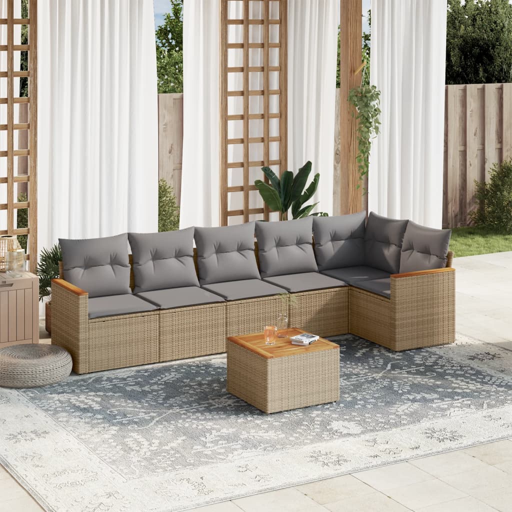 7 Pcs conjunto de sofás p/ jardim com almofadões vime PE bege