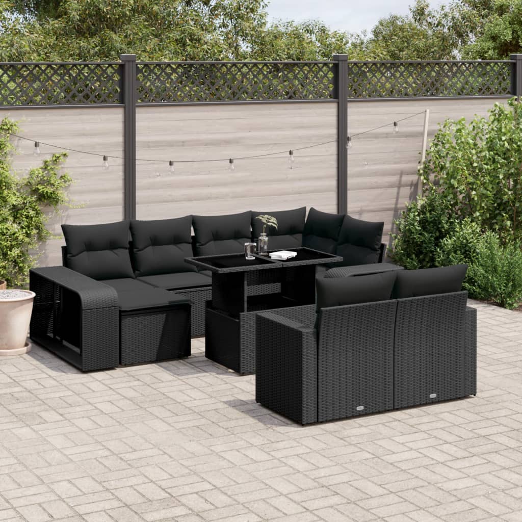 11 Pcs conjunto sofás de jardim c/ almofadões vime PE preto
