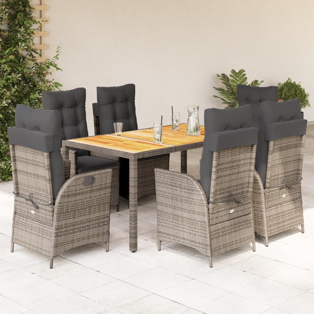 7 Pcs conjunto de jantar p/ jardim c/ almofadões vime PE cinza