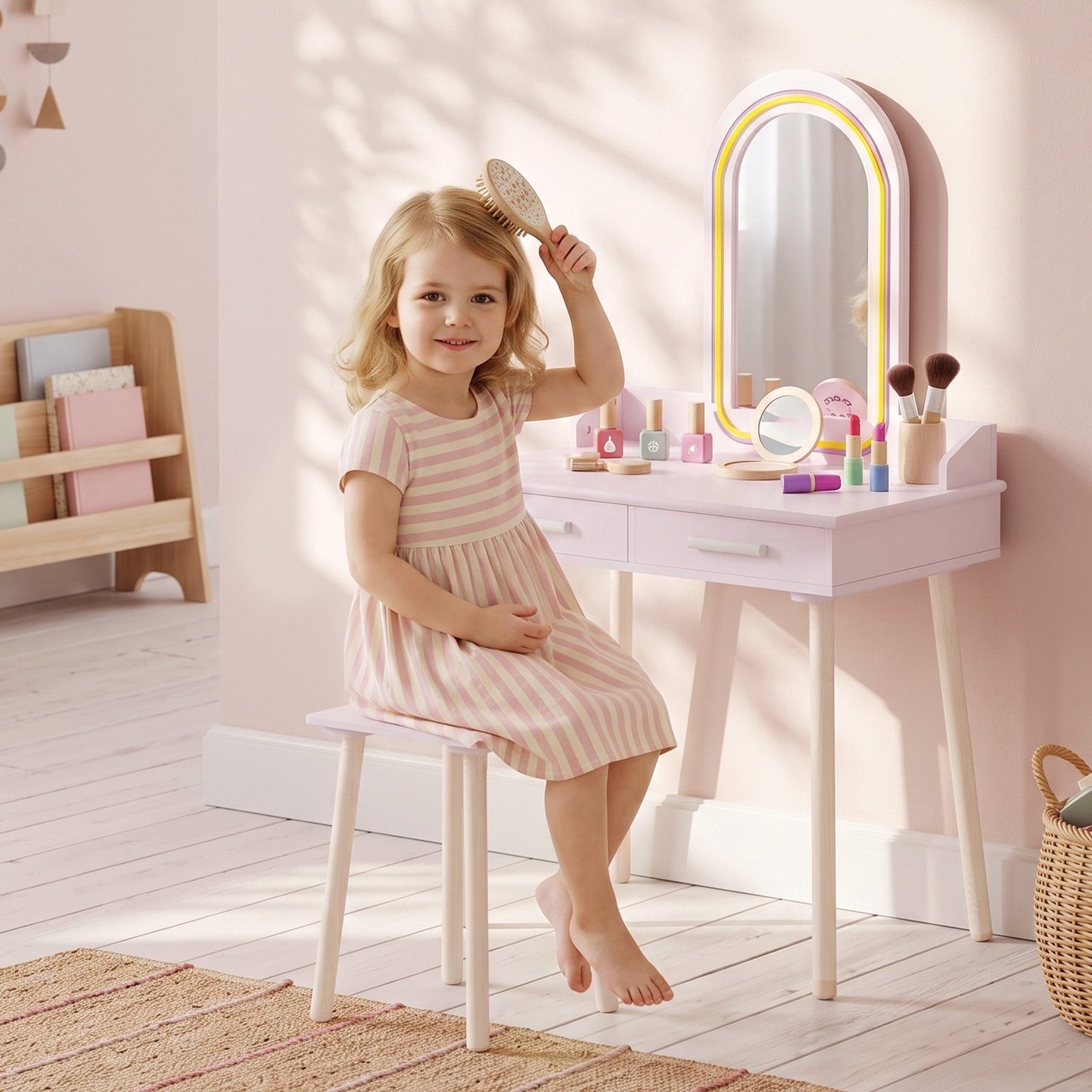 Conjunto tocador infantil com banquinho espelho em acrílico LED 3 cores 2 gavetas 3-8 anos rosa