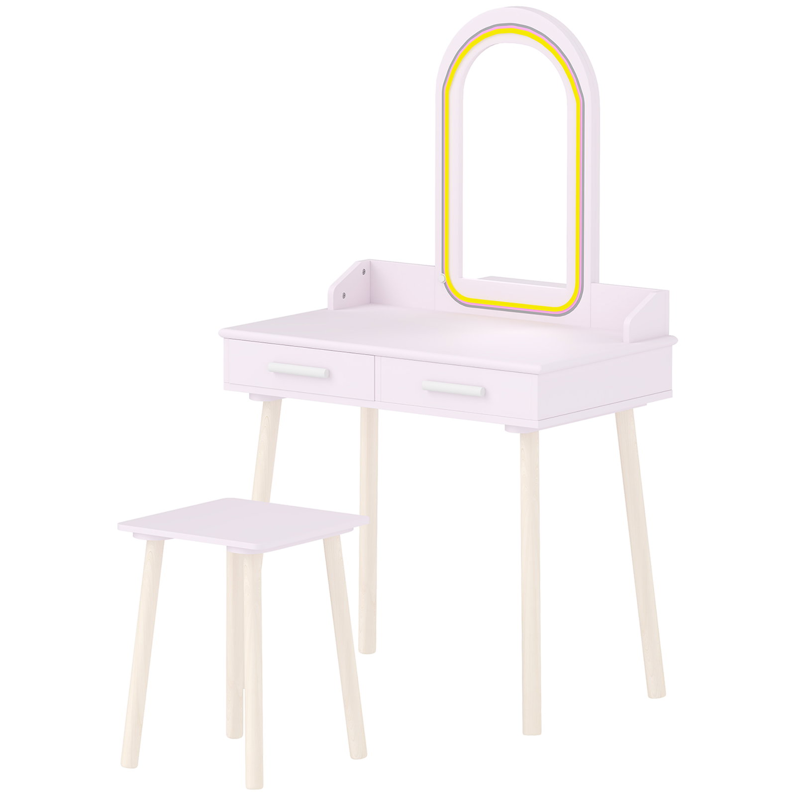 Conjunto tocador infantil com banquinho espelho em acrílico LED 3 cores 2 gavetas 3-8 anos rosa