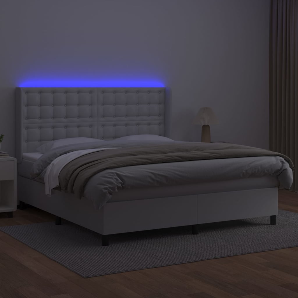 Cama box spring c/colchão/LED 160x200cm couro artificial branco