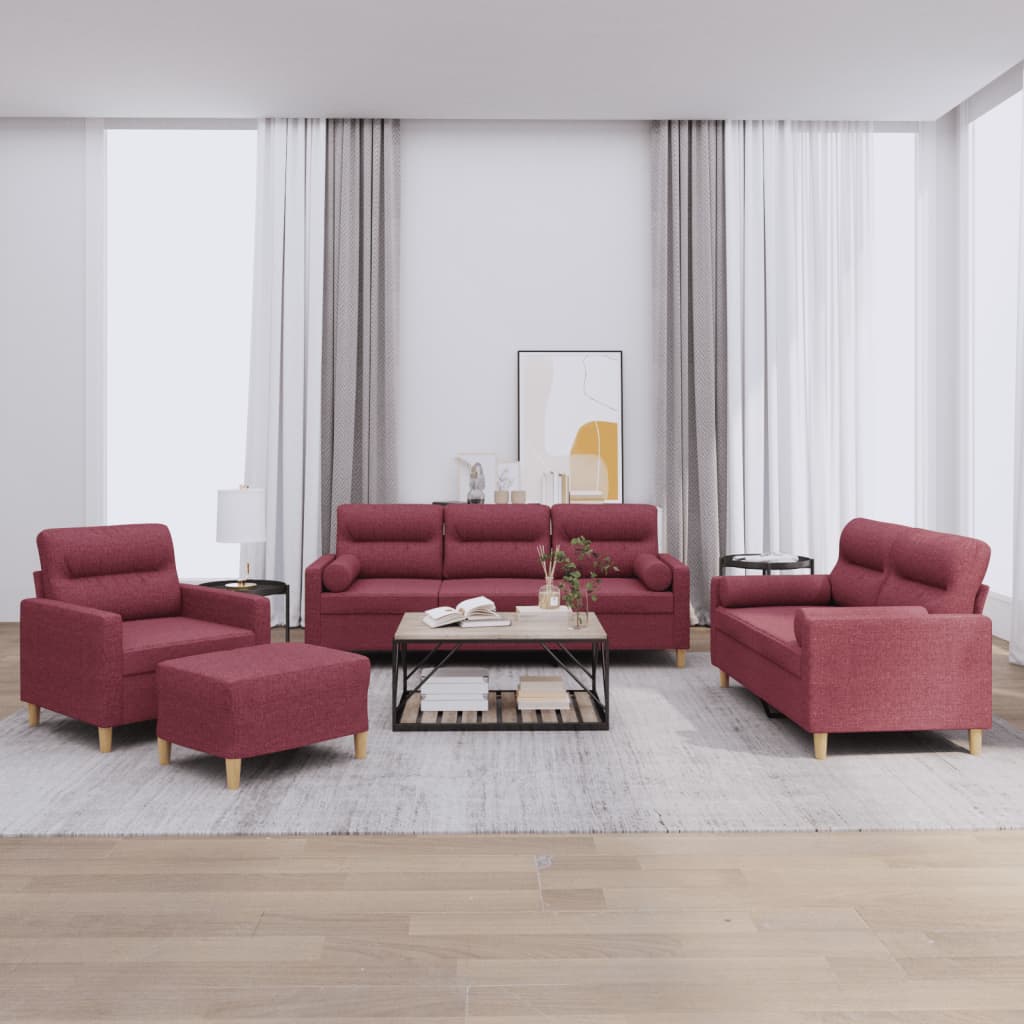 4 Pcs conjunto de sofás com almofadas tecido vermelho-tinto