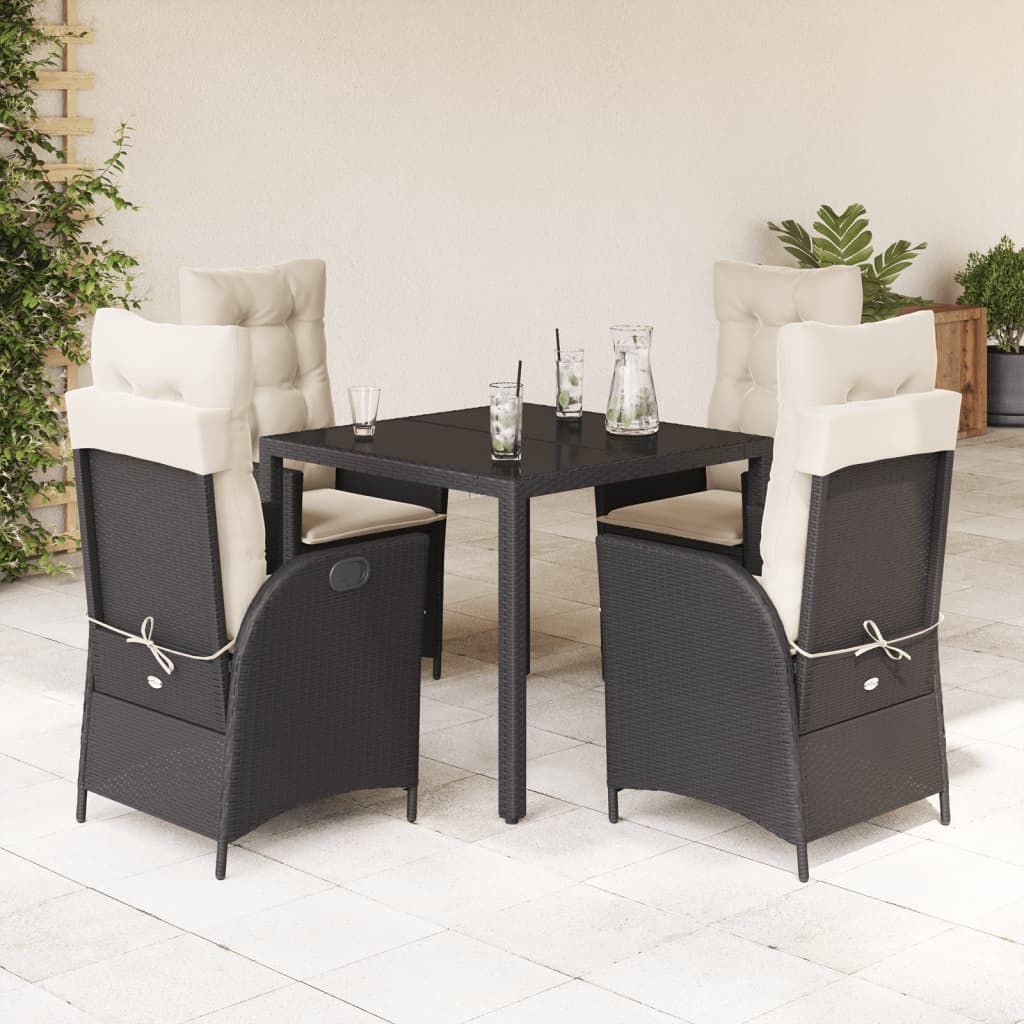 5 Pcs conjunto de jantar p/ jardim c/ almofadões vime PE preto