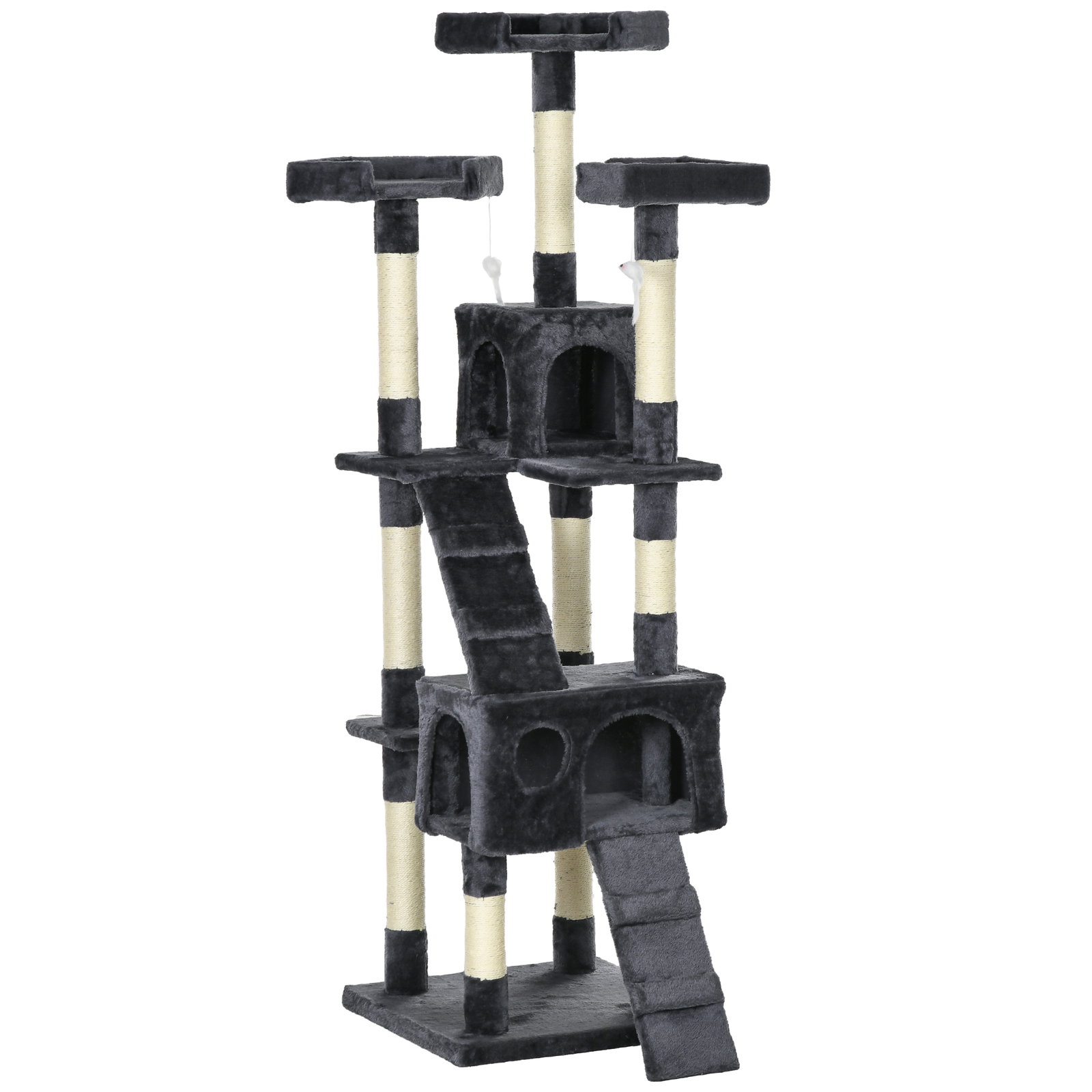 Arranhador para gatos grande 49x49x173 cm com múltiplos níveis cavernas e brinquedos suspensos cinza escuro