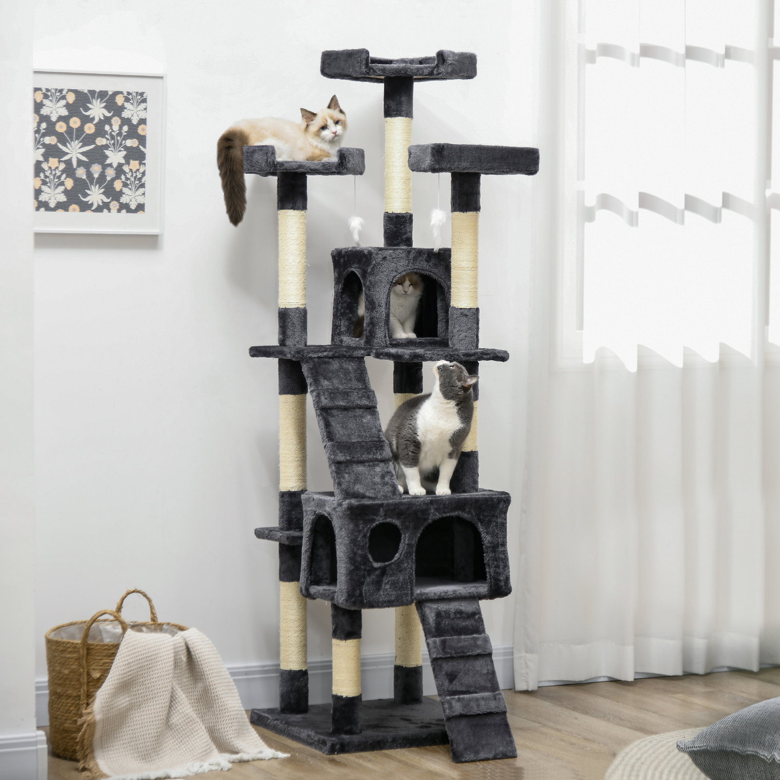 Arranhador para gatos grande 49x49x173 cm com múltiplos níveis cavernas e brinquedos suspensos cinza escuro