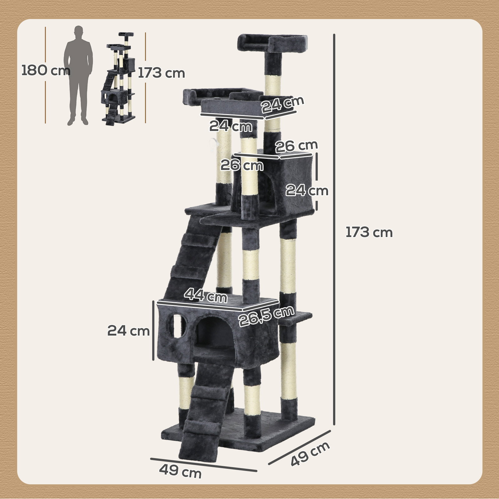 Arranhador para gatos grande 49x49x173 cm com múltiplos níveis cavernas e brinquedos suspensos cinza escuro