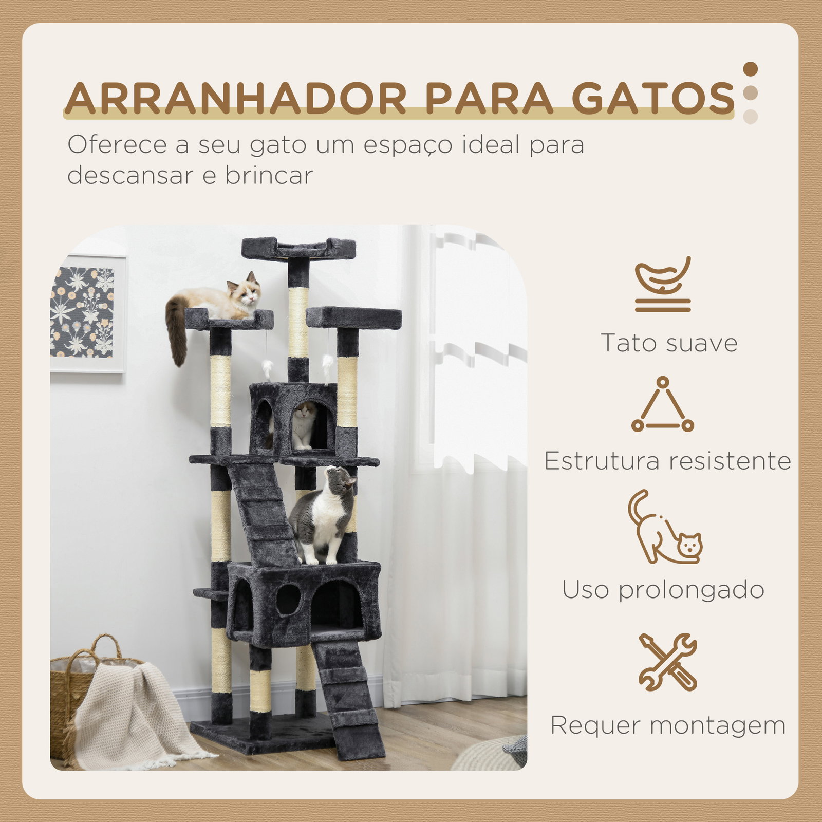 Arranhador para gatos grande 49x49x173 cm com múltiplos níveis cavernas e brinquedos suspensos cinza escuro