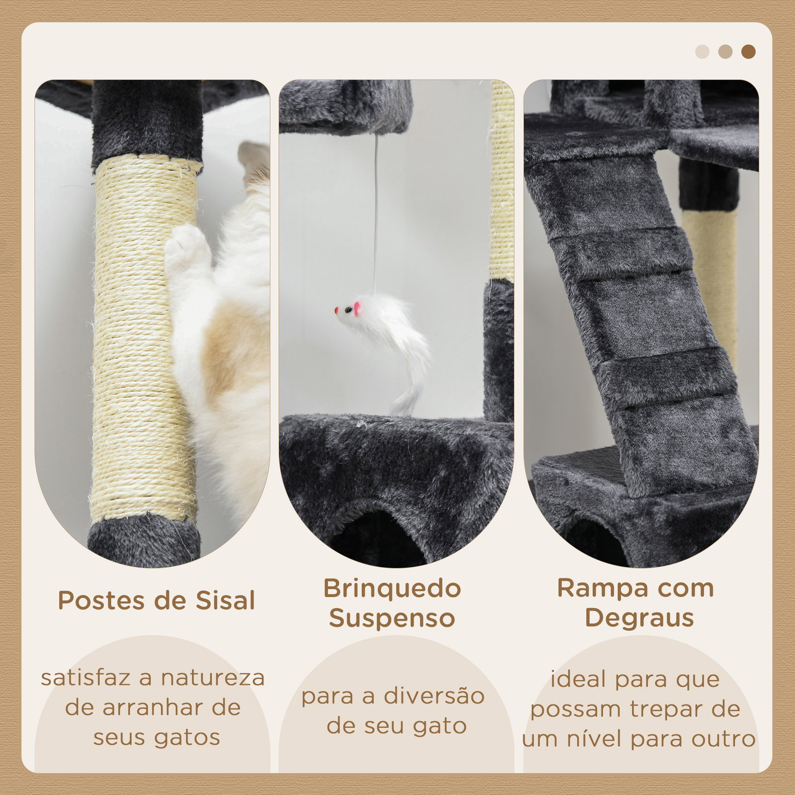 Arranhador para gatos grande 49x49x173 cm com múltiplos níveis cavernas e brinquedos suspensos cinza escuro