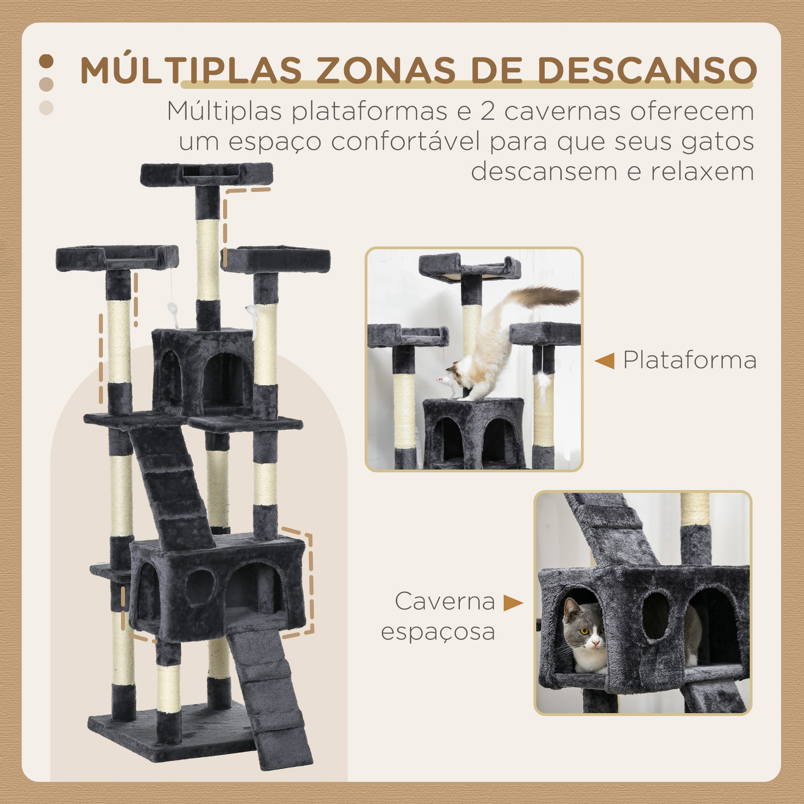 Arranhador para gatos grande 49x49x173 cm com múltiplos níveis cavernas e brinquedos suspensos cinza escuro