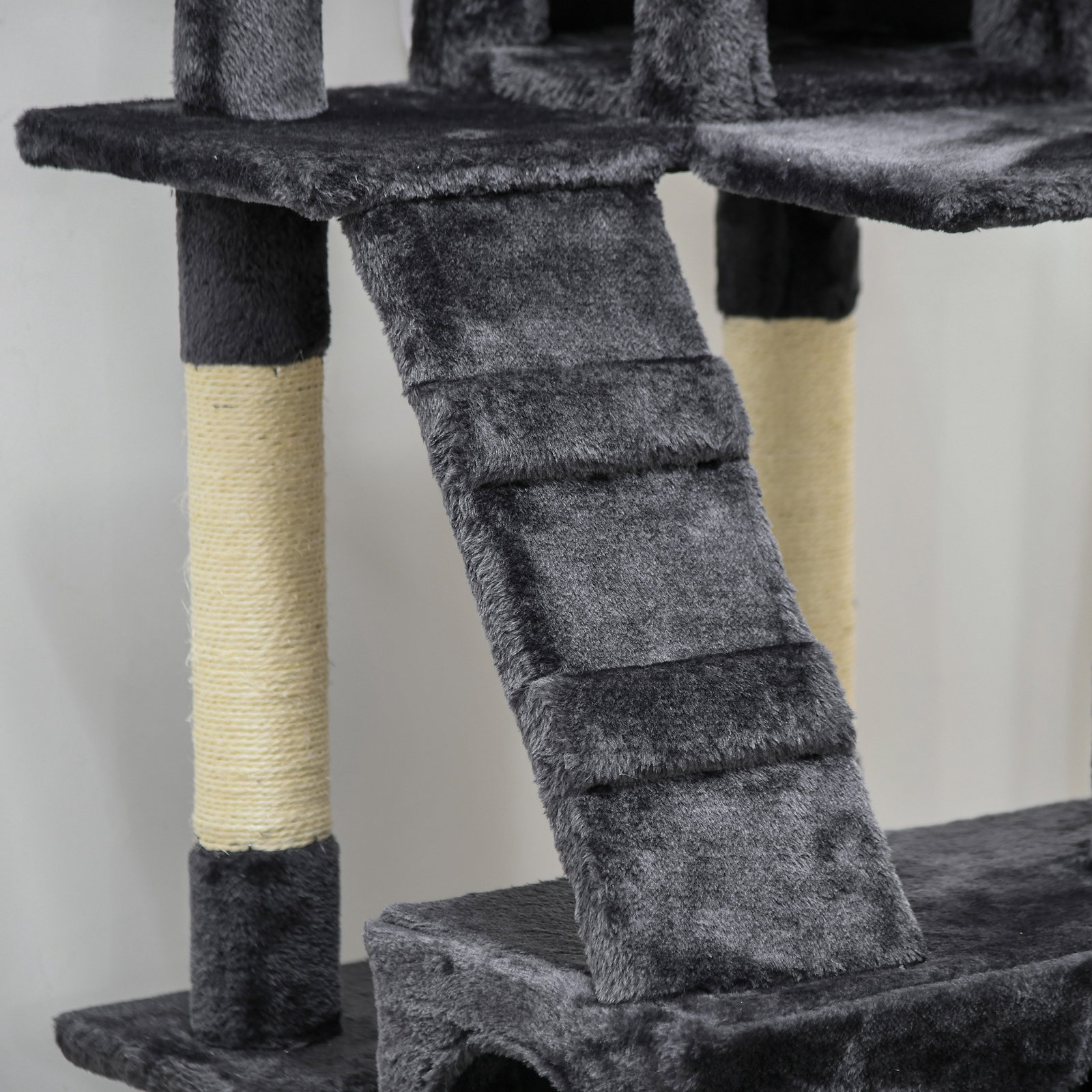 Arranhador para gatos grande 49x49x173 cm com múltiplos níveis cavernas e brinquedos suspensos cinza escuro
