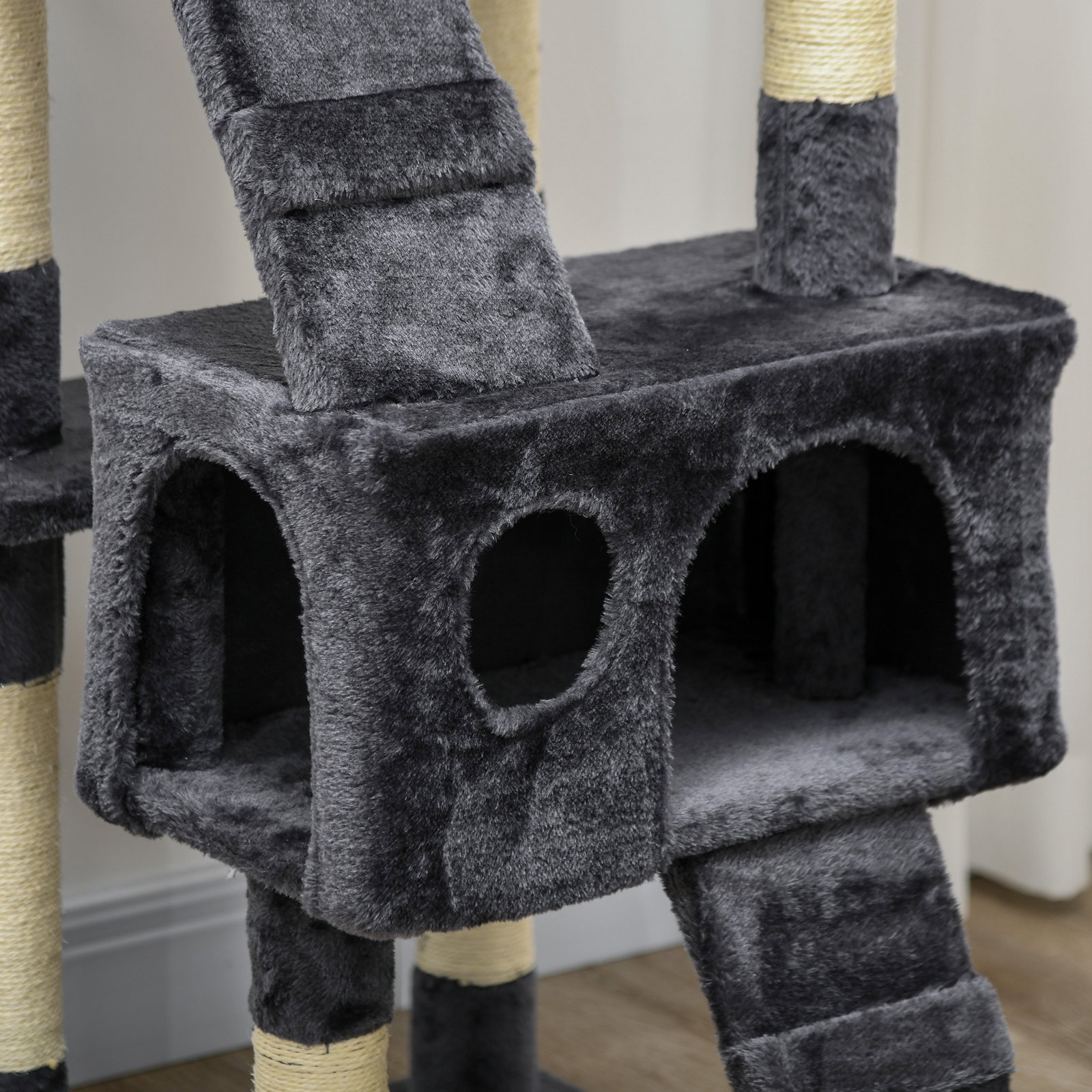Arranhador para gatos grande 49x49x173 cm com múltiplos níveis cavernas e brinquedos suspensos cinza escuro