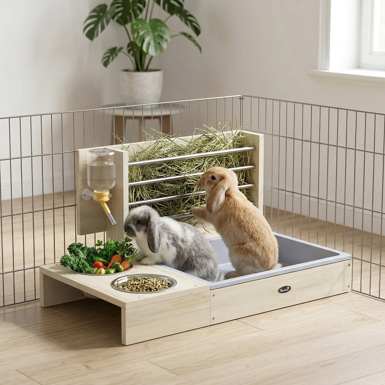 Comedouro de feno para coelhos com bandeja, alimentador de feno em madeira com tigela de aço inoxidável e bebedouro