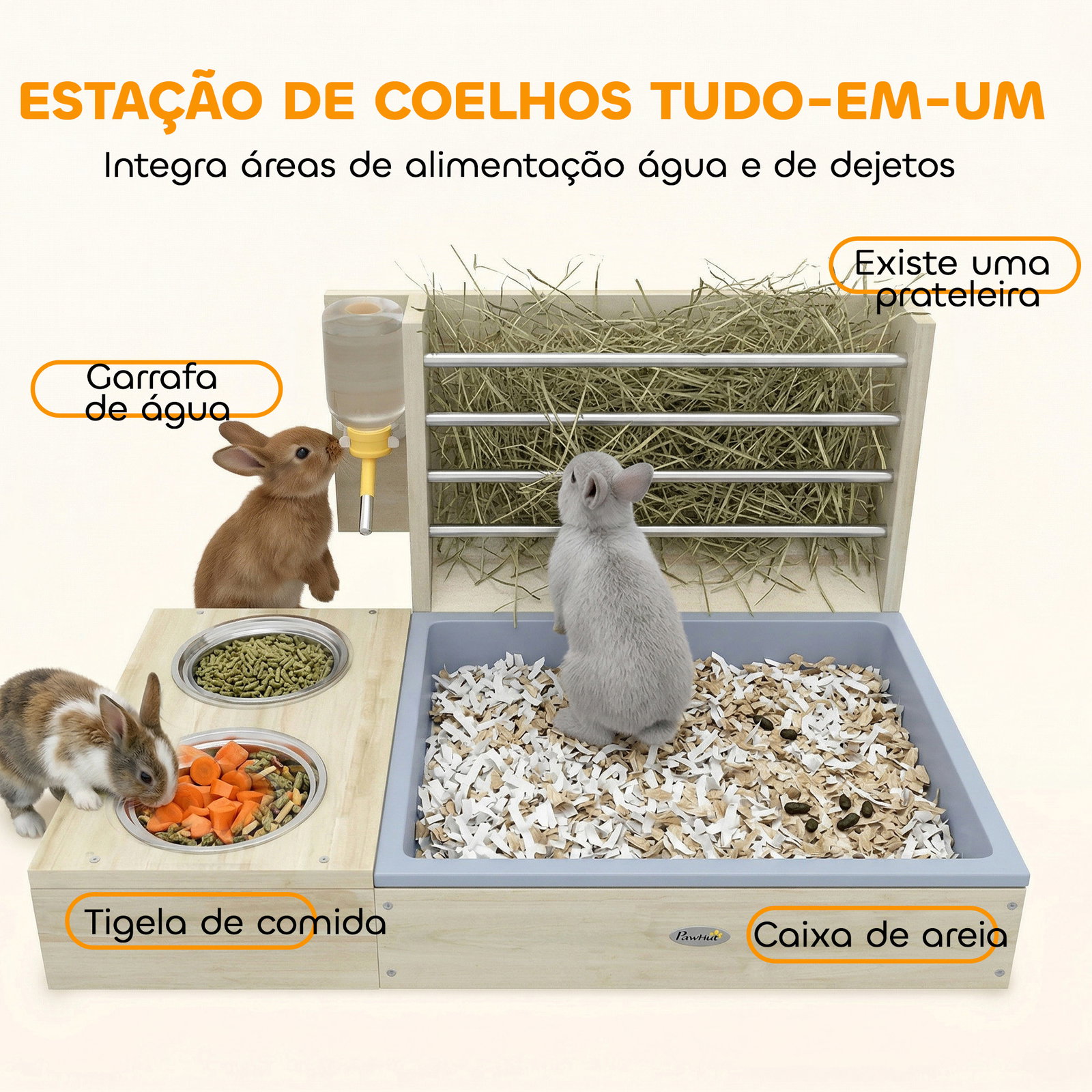 Comedouro de feno para coelhos com bandeja, alimentador de feno em madeira com tigela de aço inoxidável e bebedouro