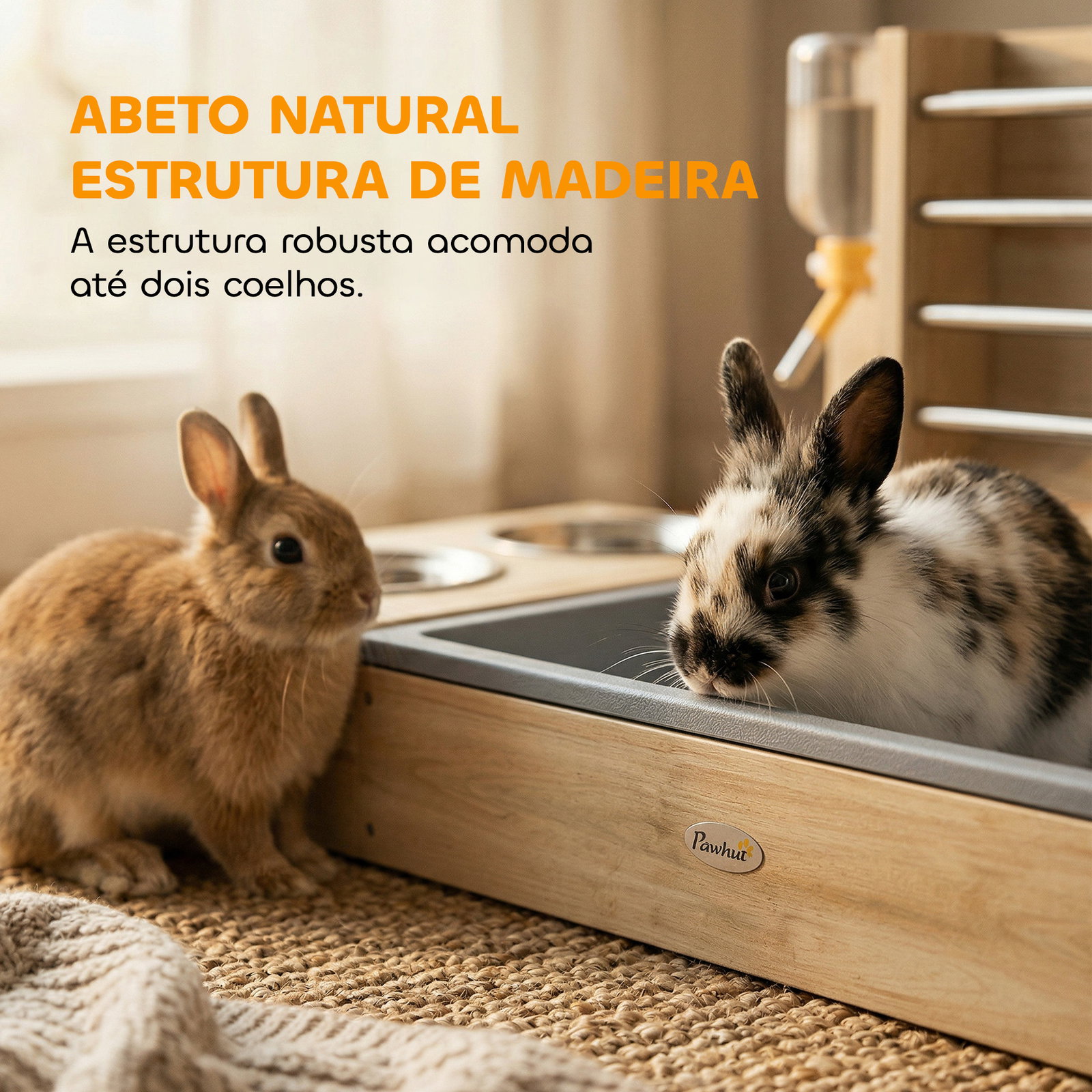 Comedouro de feno para coelhos com bandeja, alimentador de feno em madeira com tigela de aço inoxidável e bebedouro