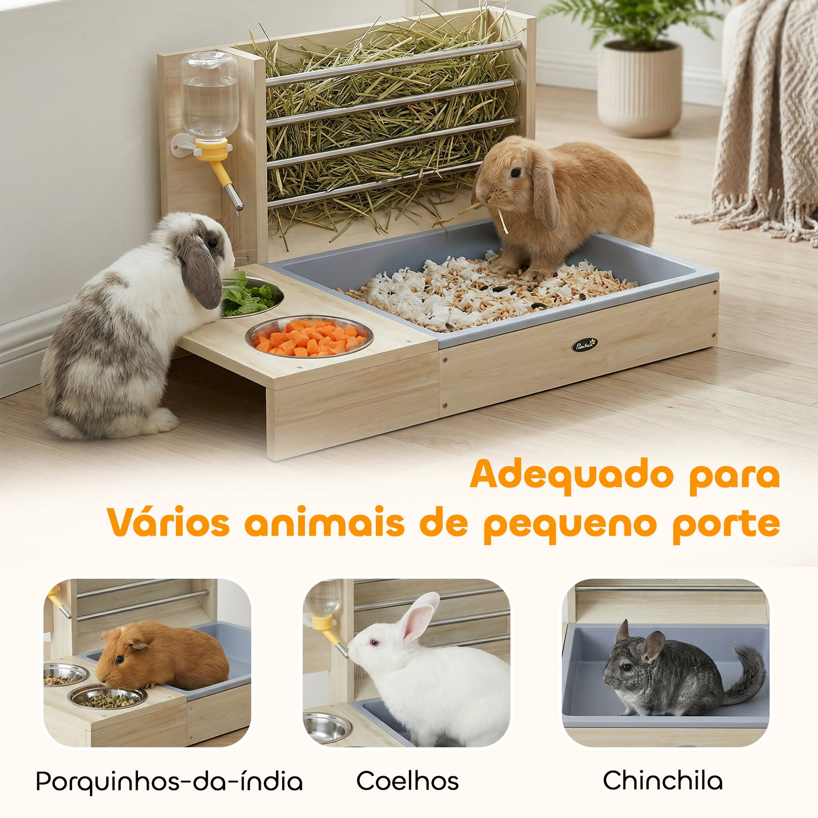 Comedouro de feno para coelhos com bandeja, alimentador de feno em madeira com tigela de aço inoxidável e bebedouro