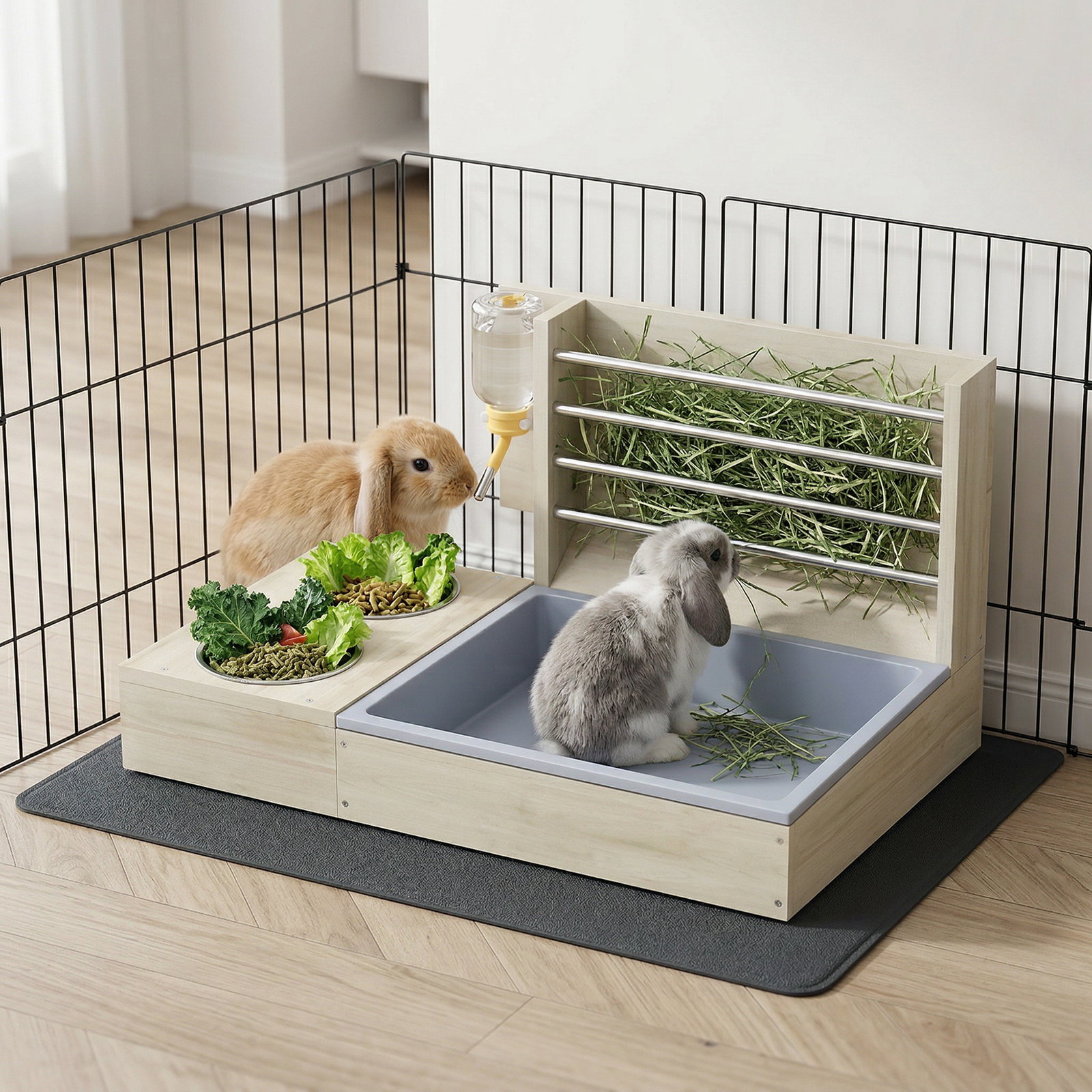 Comedouro de feno para coelhos com bandeja, alimentador de feno em madeira com tigela de aço inoxidável e bebedouro