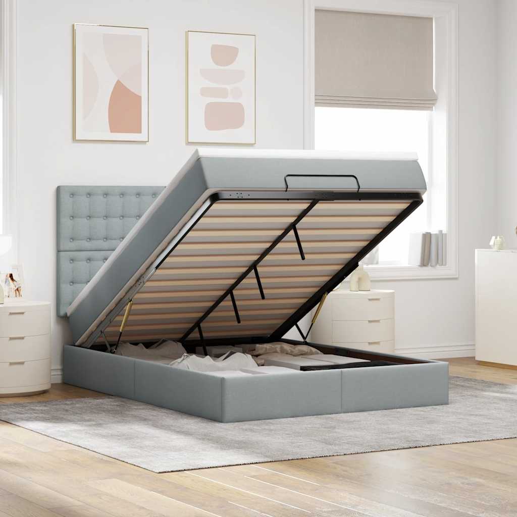 Estrutura cama otomana colchão 140x200cm tecido cinzento claro