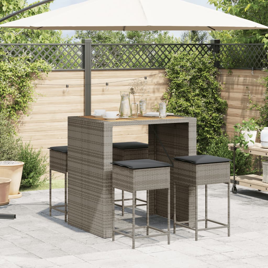 5 Pcs conjunto de bar p/ jardim c/ almofadões vime PE cinzento