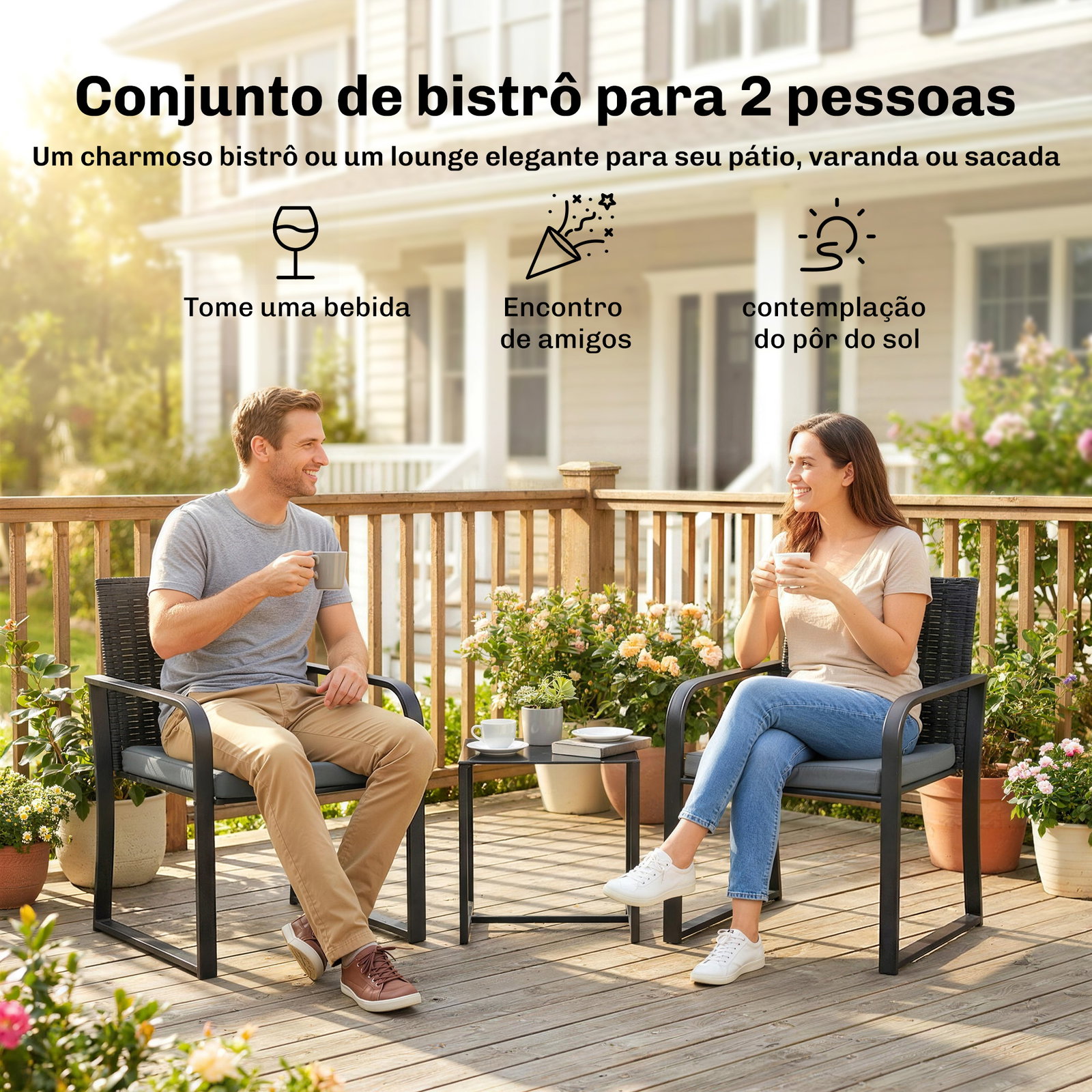 Conjunto de jardim 3 peças de vime com 2 cadeiras com almofadas tecido textilene e mesa de vidro temperado cinza
