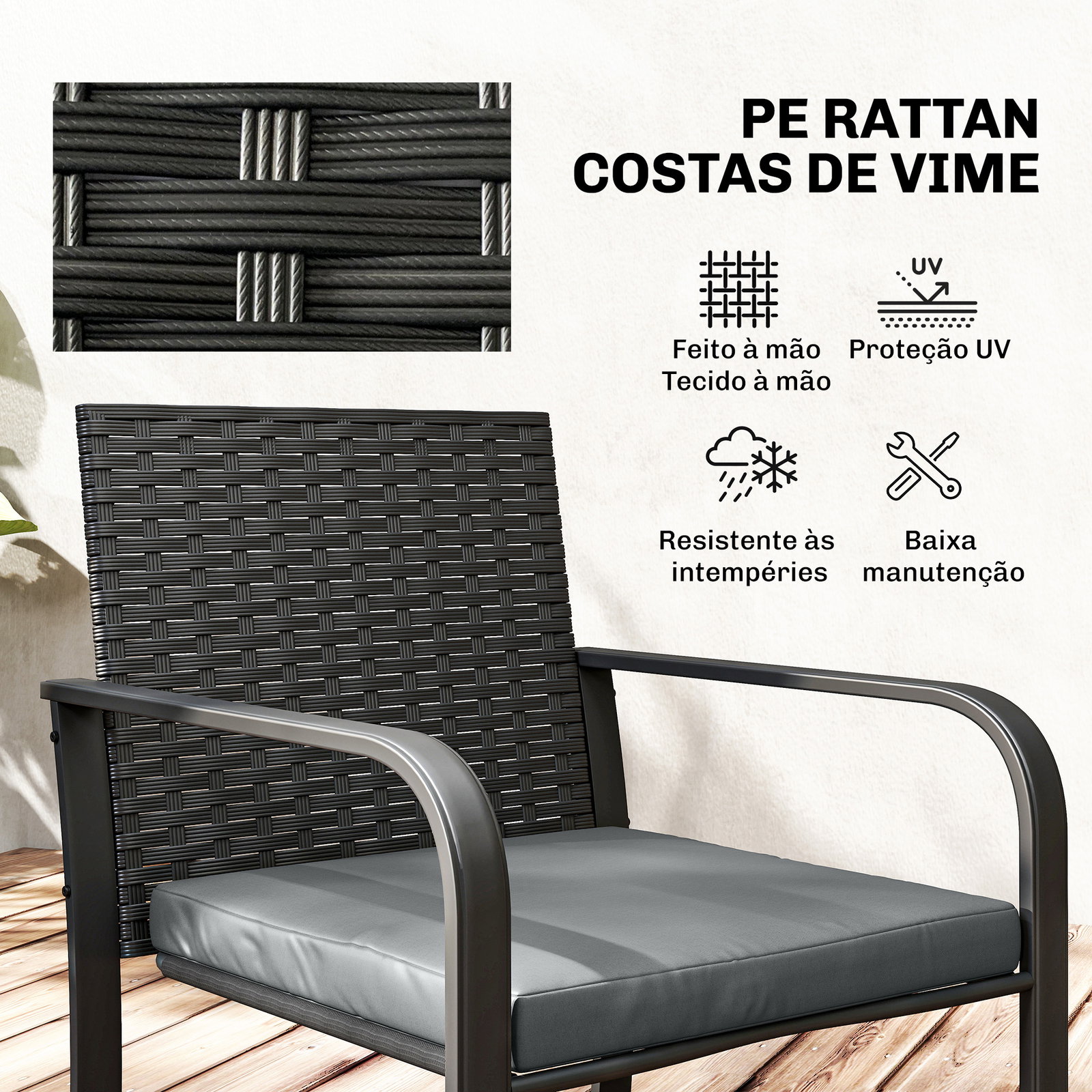Conjunto de jardim 3 peças de vime com 2 cadeiras com almofadas tecido textilene e mesa de vidro temperado cinza
