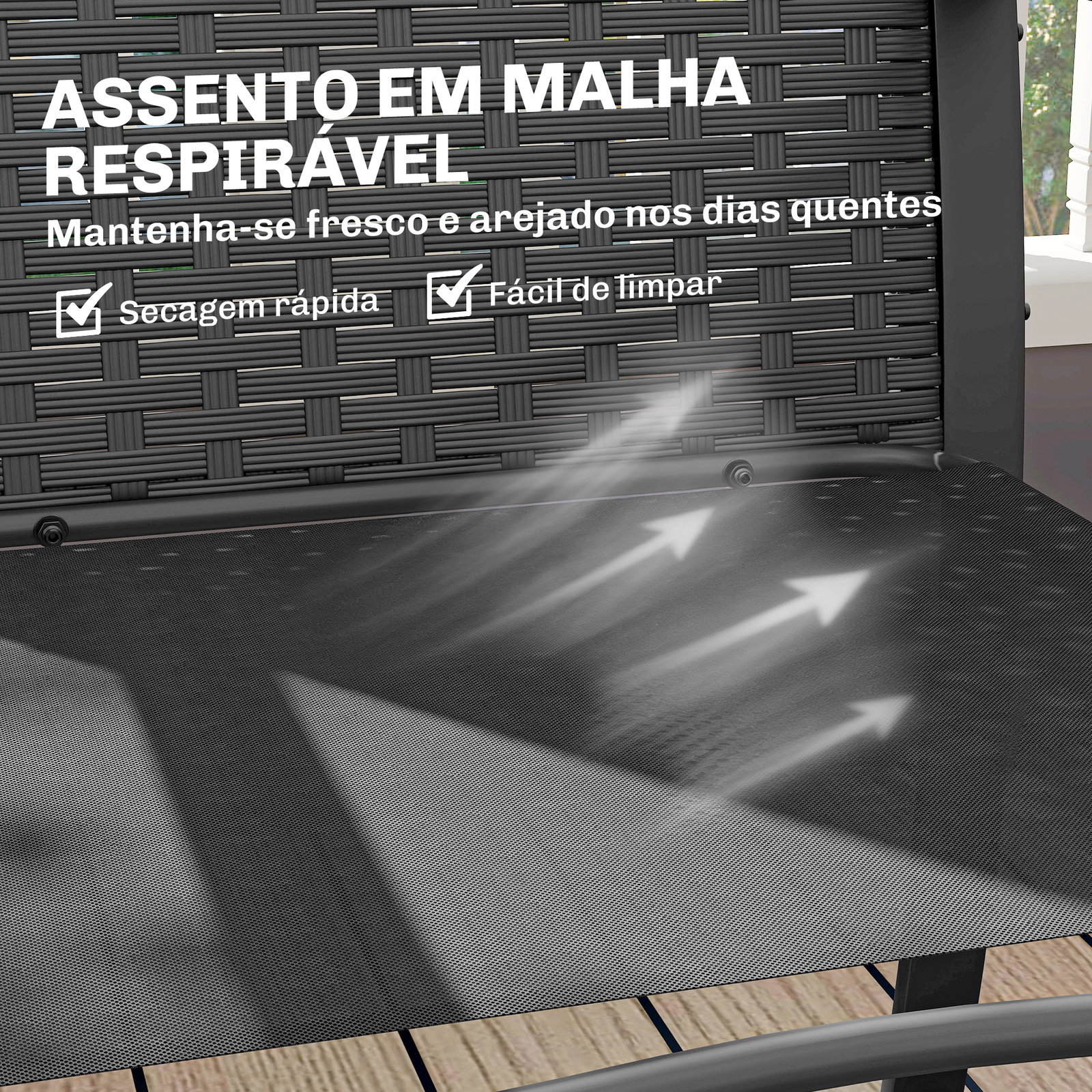 Conjunto de jardim 3 peças de vime com 2 cadeiras com almofadas tecido textilene e mesa de vidro temperado cinza