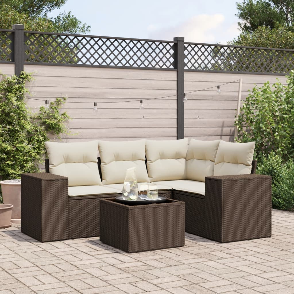5 Pcs conjunto sofás p/ jardim c/ almofadões vime PE castanho