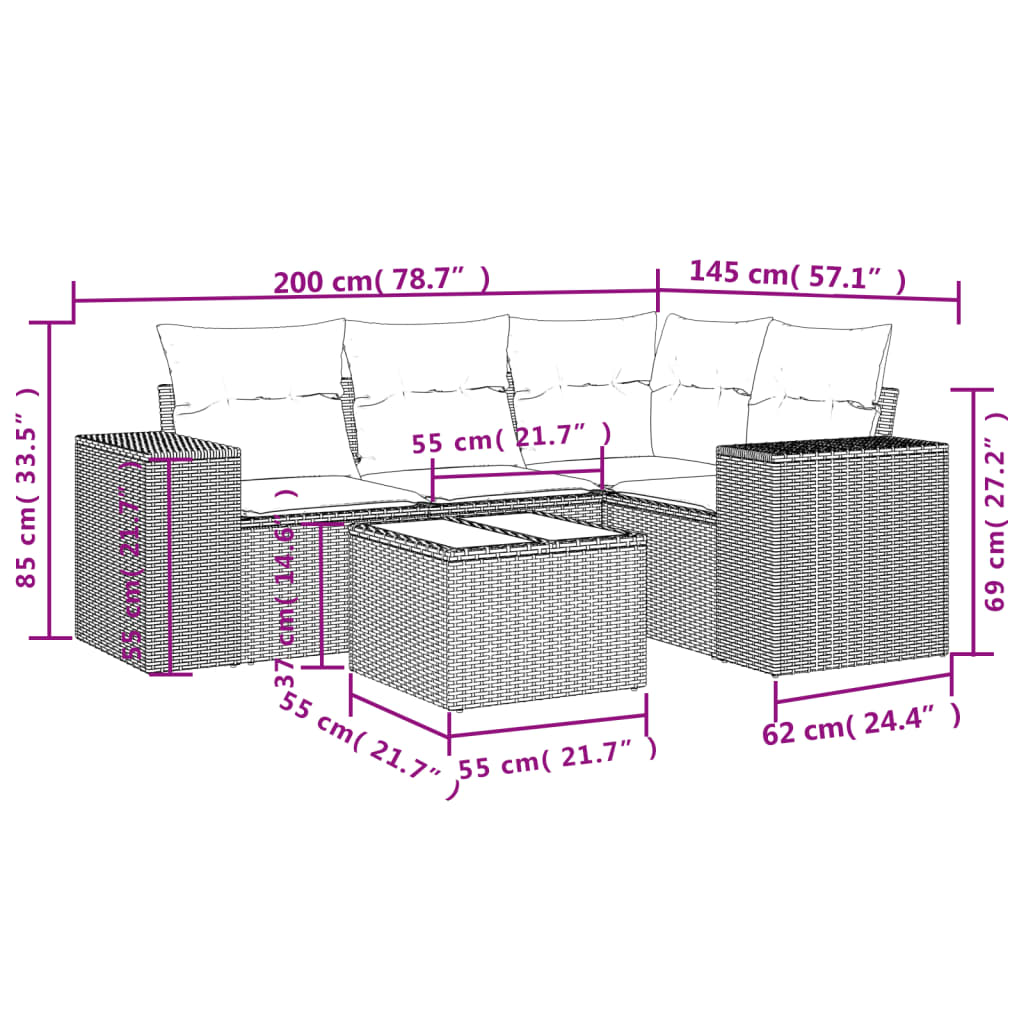 5 Pcs conjunto sofás p/ jardim c/ almofadões vime PE castanho