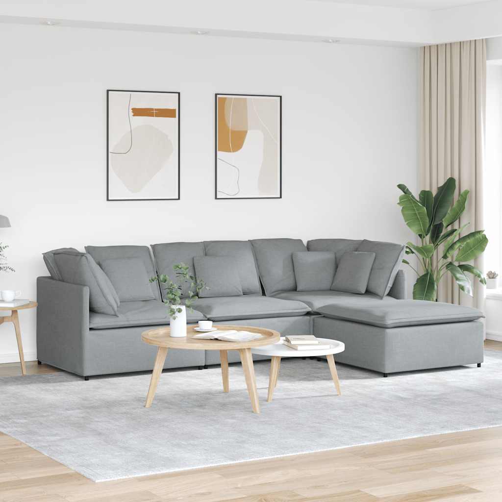 Sofá modular com pufes e almofadas tecido cinzento-claro