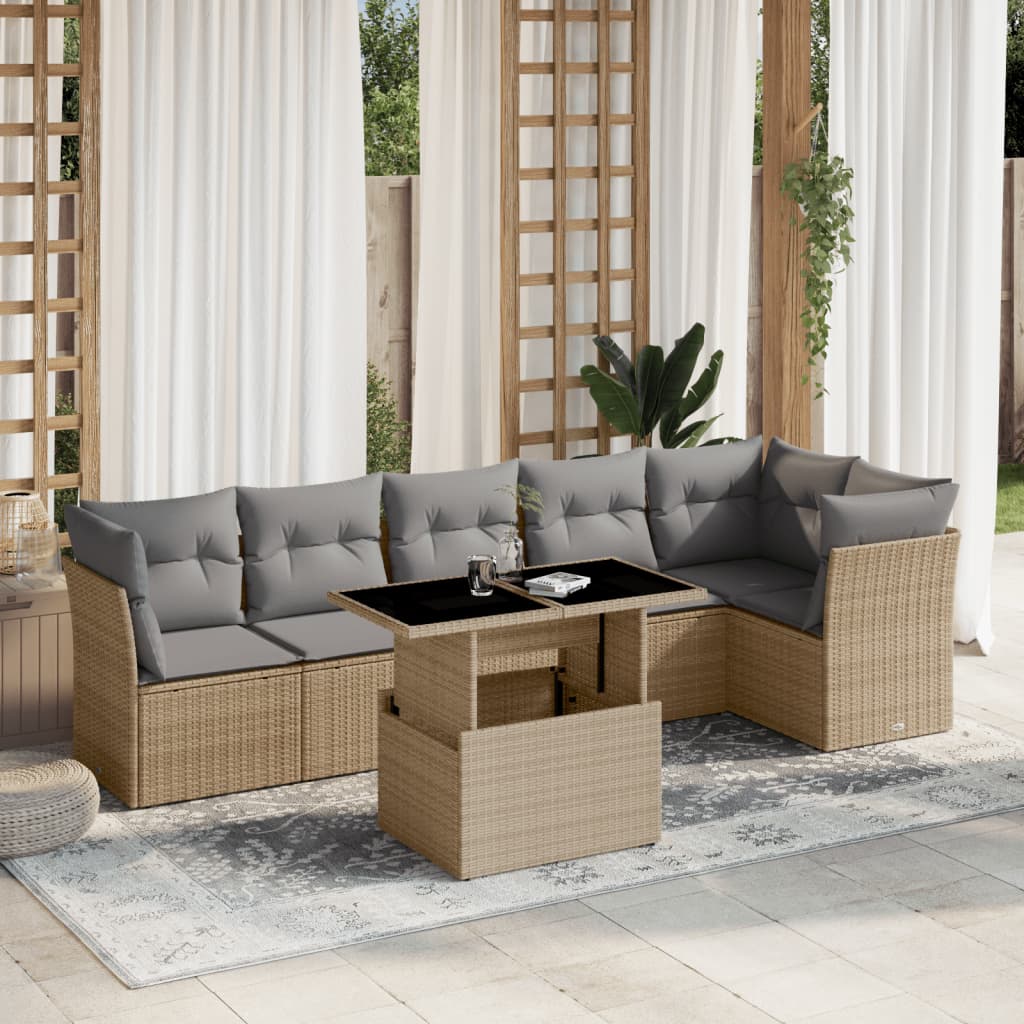 7 Pcs conjunto de sofás p/ jardim com almofadões vime PE bege