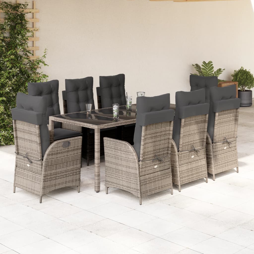 9 Pcs conjunto de jantar p/ jardim c/ almofadões vime PE cinza