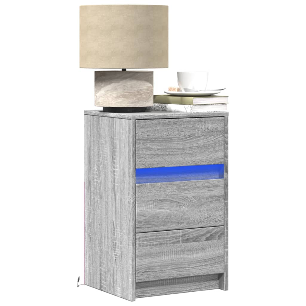 Mesa cabeceira c/ luzes LED derivados madeira cinzento sonoma